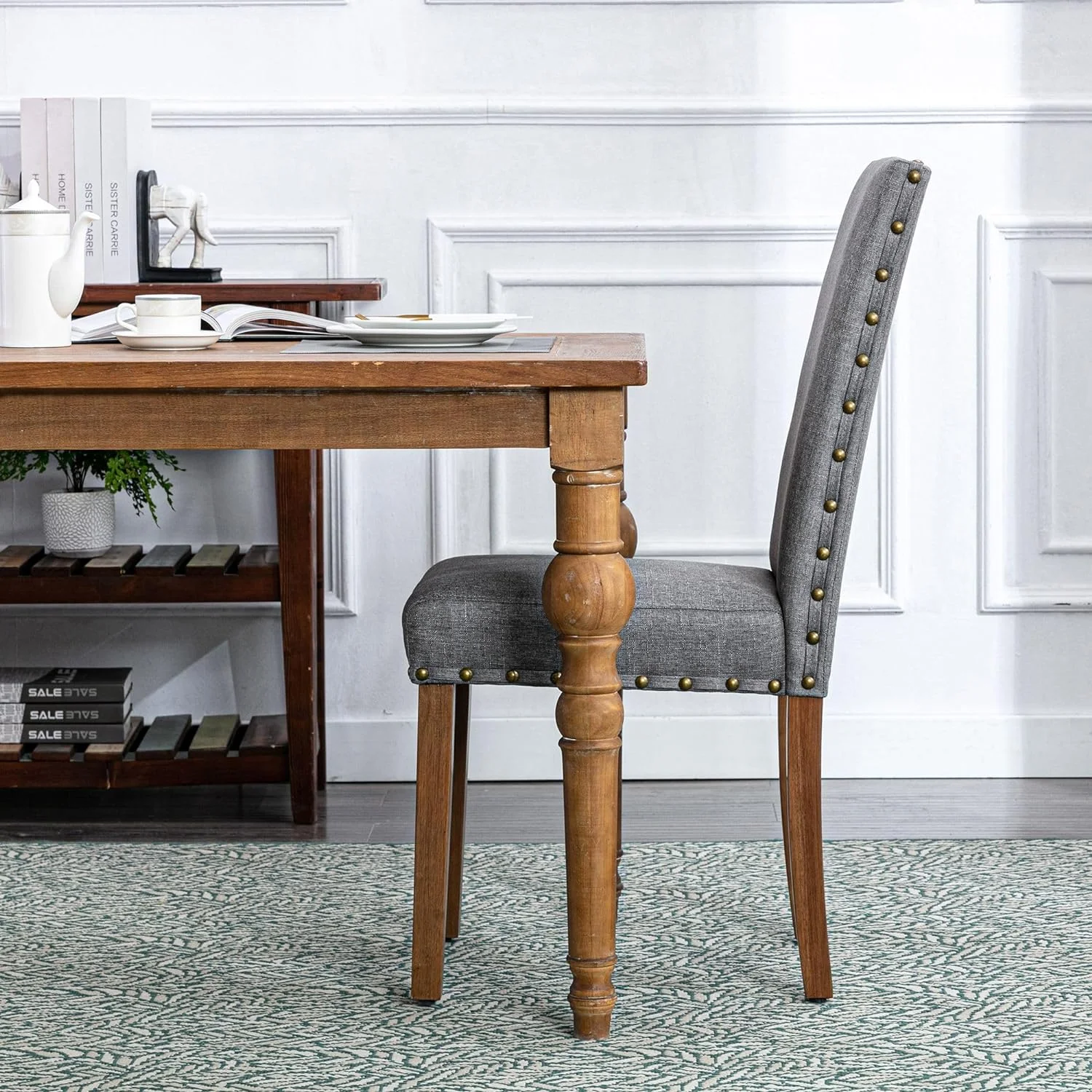 Upholstered Padded Dining Room Nailhead Trim and Solid Wood Legs Parsons Chair, Set of 2, Grey