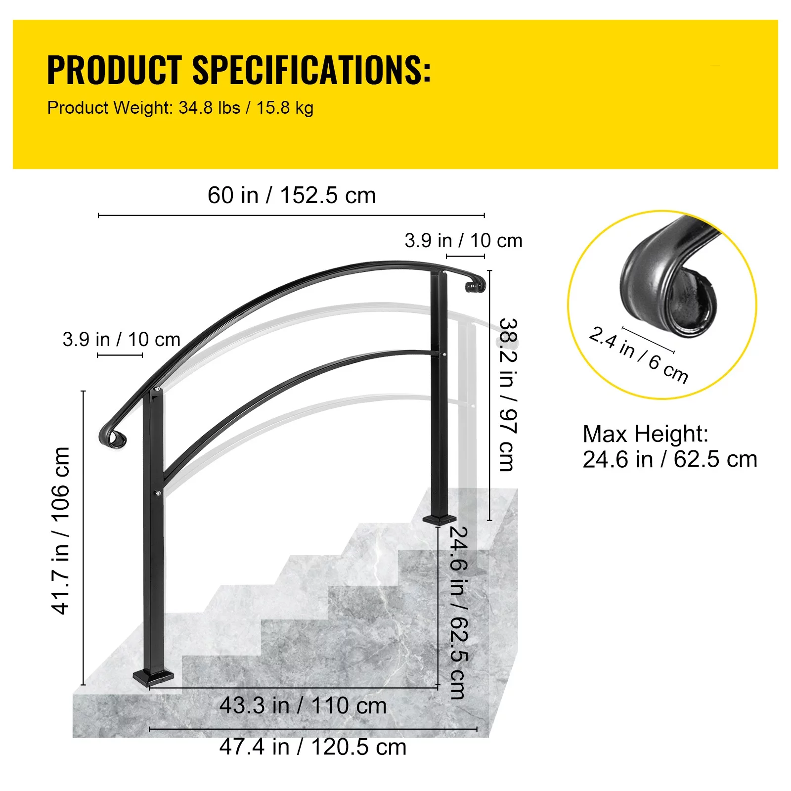 BENTISM 5FT Adjustable Wrought iron Transition Handrail Matte Black Fits 5 Steps