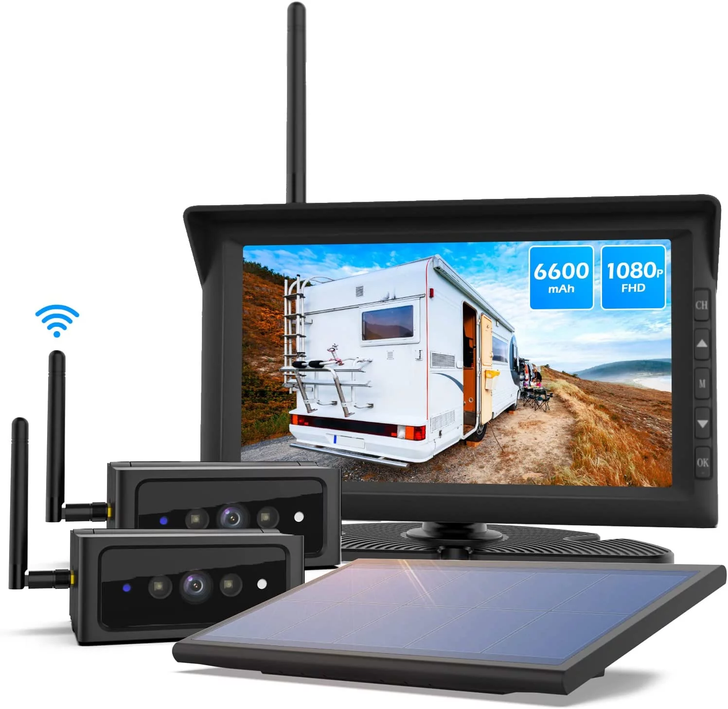 Auto-Vox Wireless RV Solar Backup Camera, HD Split-Screen Monitor with Rear View Dual Camera for Trailer, 2PCS IR Night Vision Reverse Cameras for Trucks