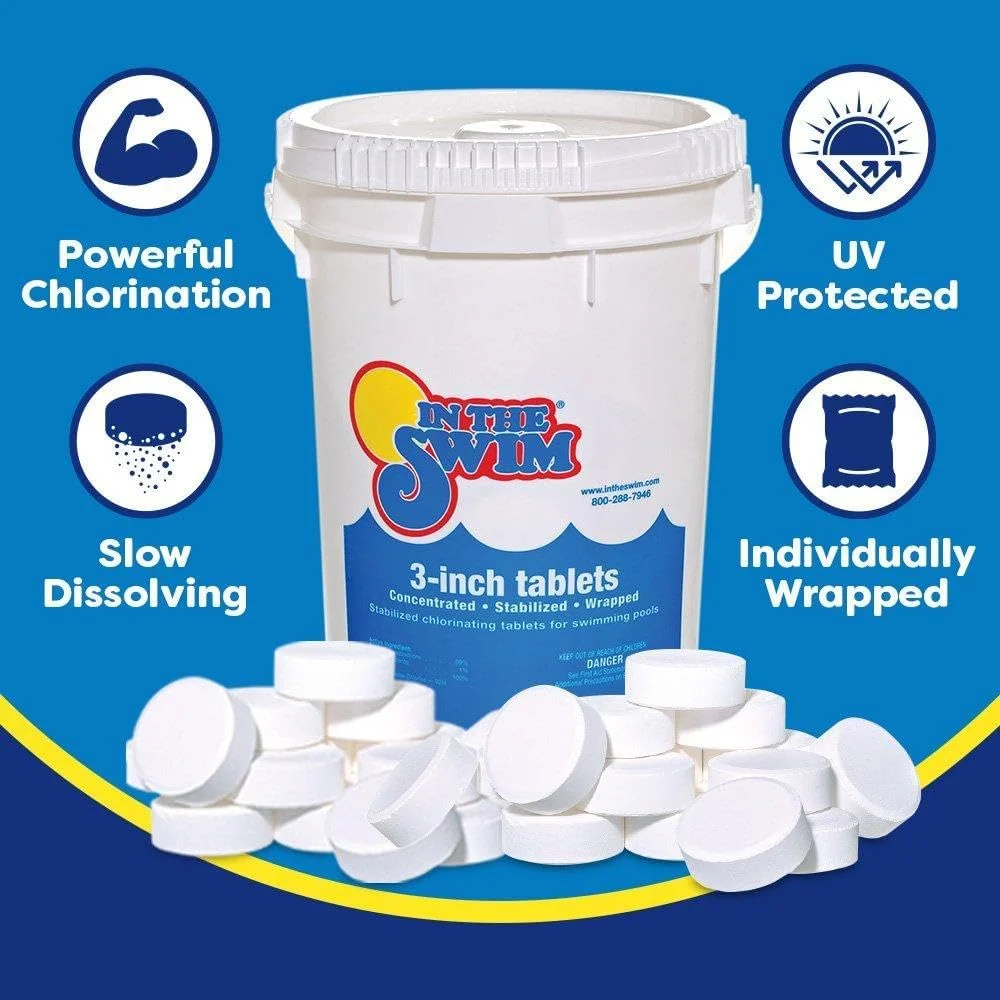 3 Inch Stabilized Chlorine Tablets for Sanitizing Swimming Pools - Individually Wrapped, Slow Dissolving - 90% Available Chlorine - Tri-Chlor - 25 Pounds