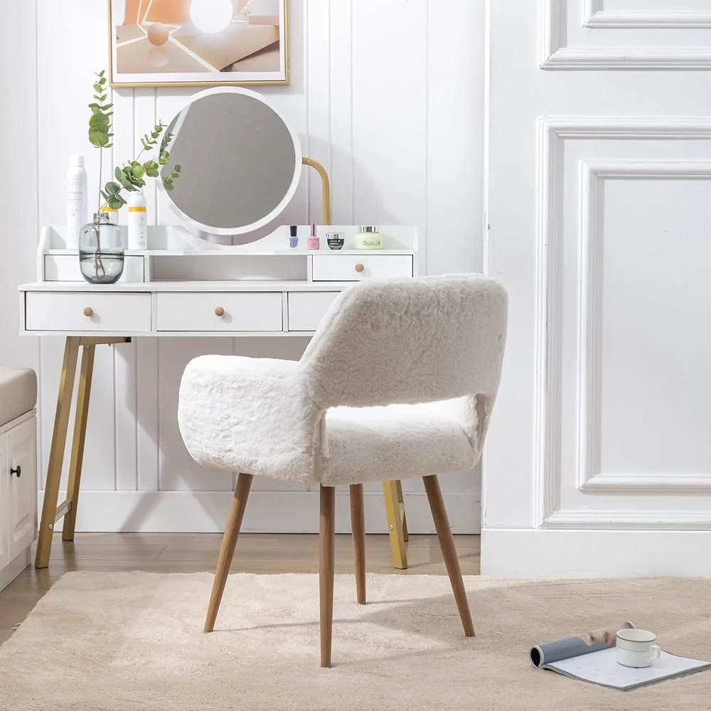 ZFGSUIJN Faux Fur Desk Chair  Mid-Century  Faux Fur Chair  Comfy Armchair with Solid Painting Steel Leg  Dining Room  Home Vanity  Office Desk Chair