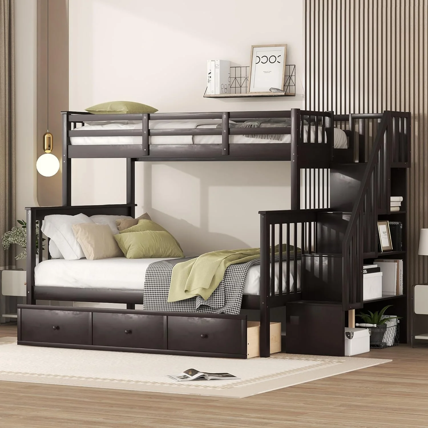 Over Full Bunk Bed With Stairs And Storage Drawers, Hardwood Stairway Bunk Bed Frame For Kids Teens Adults, Bedroom, Dorm - Espresso, HJH-LT219AAP