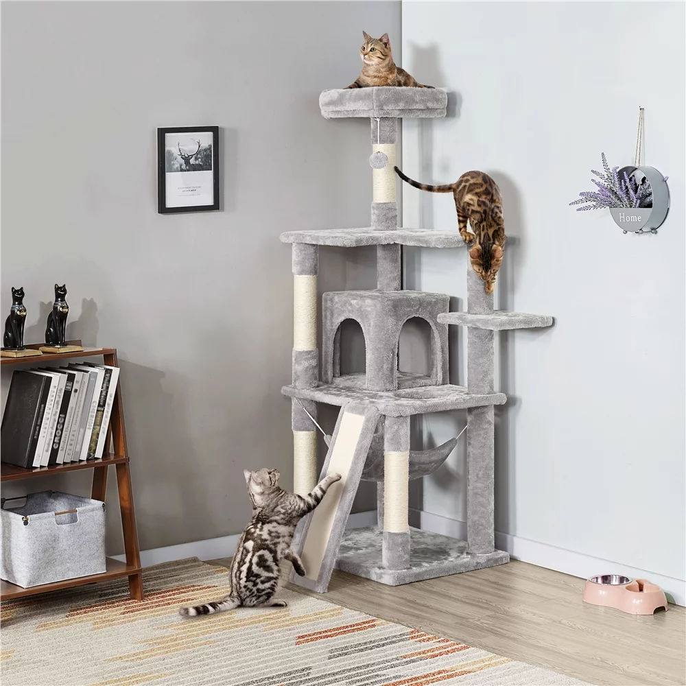 Easyfashion 60.5-inch Tall Cat Tree Cat Tower with Condo, Light Gray