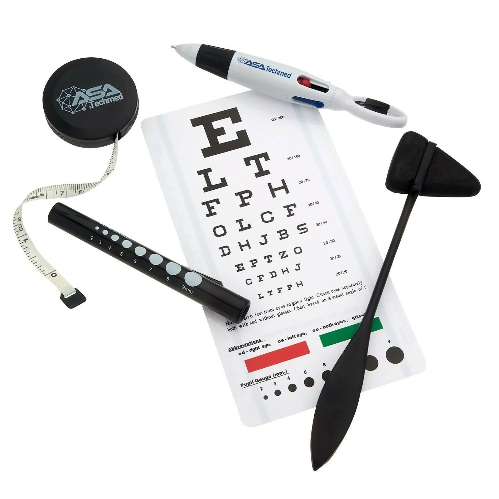 Snellen Eye Chart w Penlight Pupil Gauge, Taylor Hammer, Pen + Measuring Tape