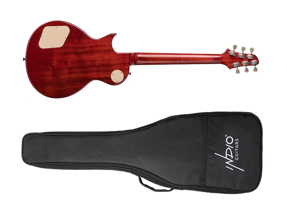 Monoprice 66 DLX Plus Electric Guitar with Mahogany Bound Body, Single‑cutaway Solid Body, 2x Humbuckers, and Includes Gig Bag - Indio Series