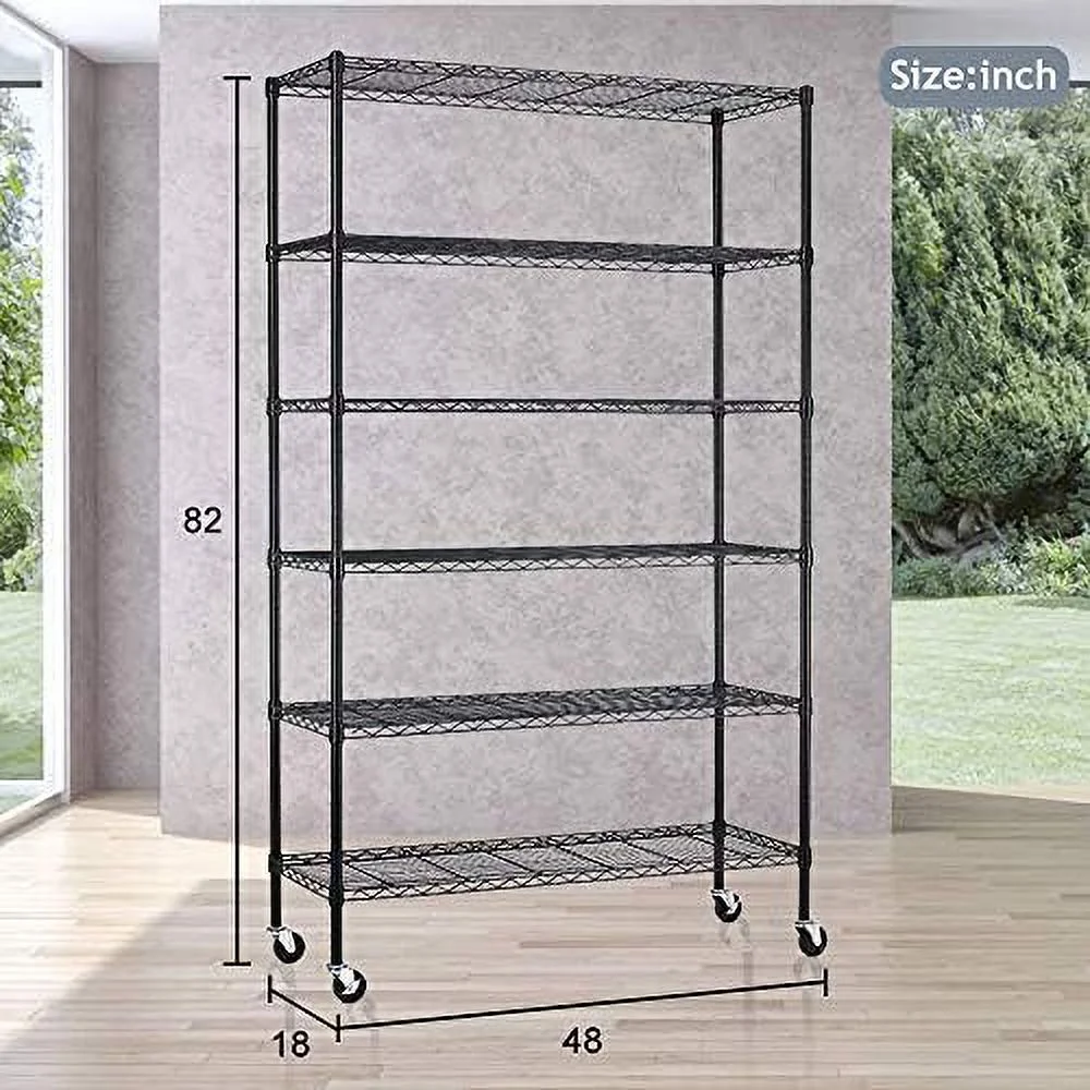 TQNJYGX Shelves 6 Tier Wire Shelving Unit with Wheels Heavy Duty Metal  Garage Rack Adjustable Steel Wire  Utility  Rack with Casters  NSF-Certified (48 x 18 x 82 inches  Black)