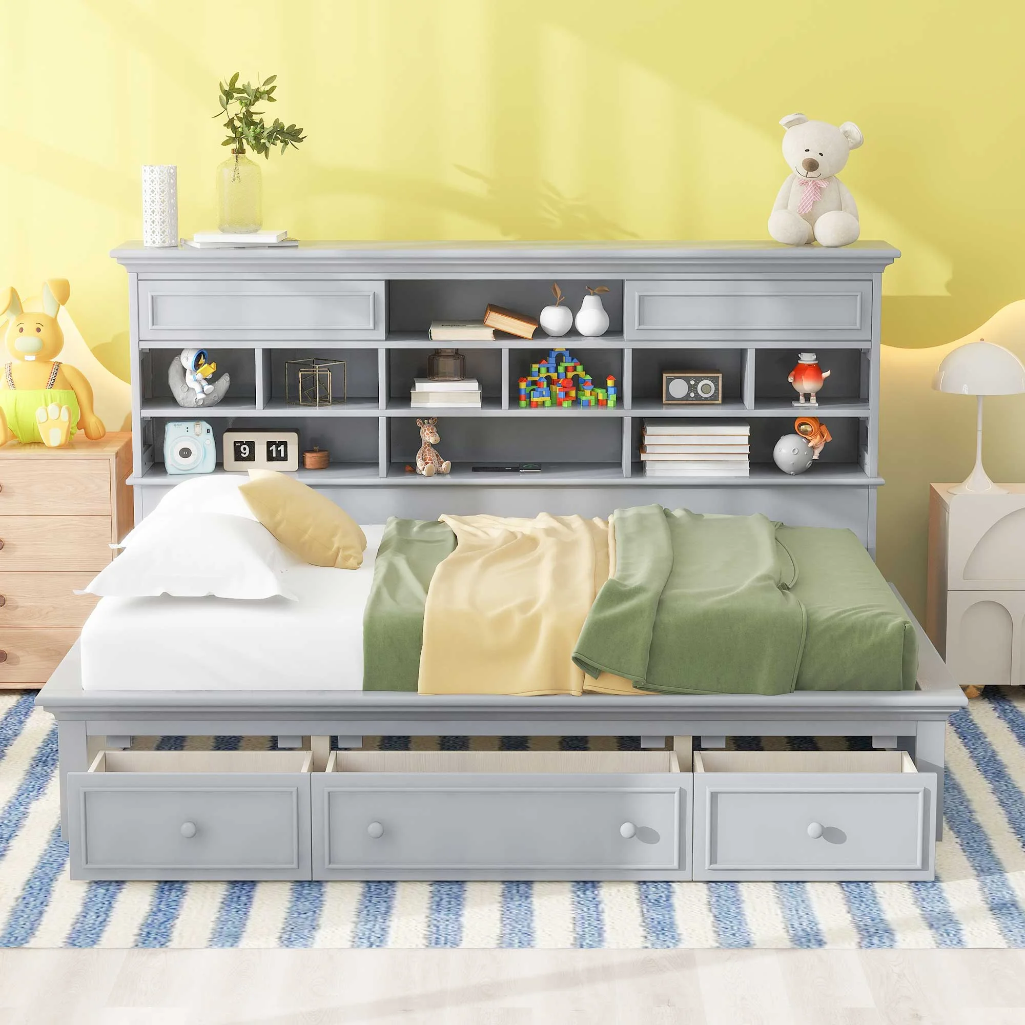 Euroco Wood Twin Size Daybed with Storage Shelf, 3 Drawers and USB Charging Station for Bedroom, Gray