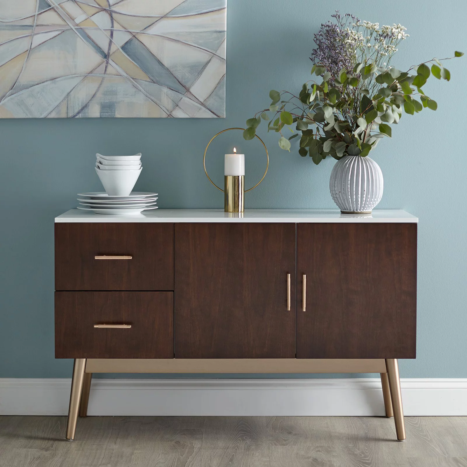 Simple Living  Stacy Mid-Century Buffet/Sideboard Walnut Walnut Finish Cabinets, Drawers