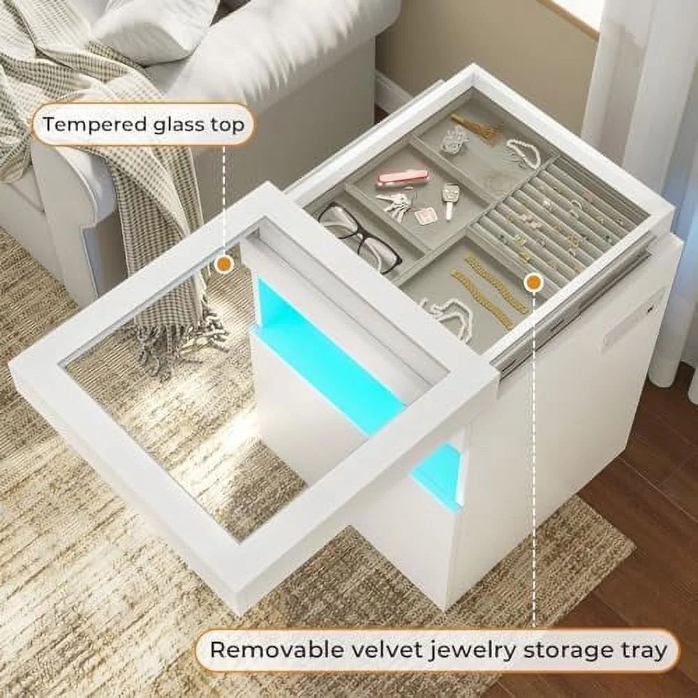 JYHOME LED Nightstand with Charging Station & Sliding Top  Black Night Stand with Glass Top & Jewelry Tray  Bedside Table with Drawers & Pull-Out Tray  Modern  End Table with