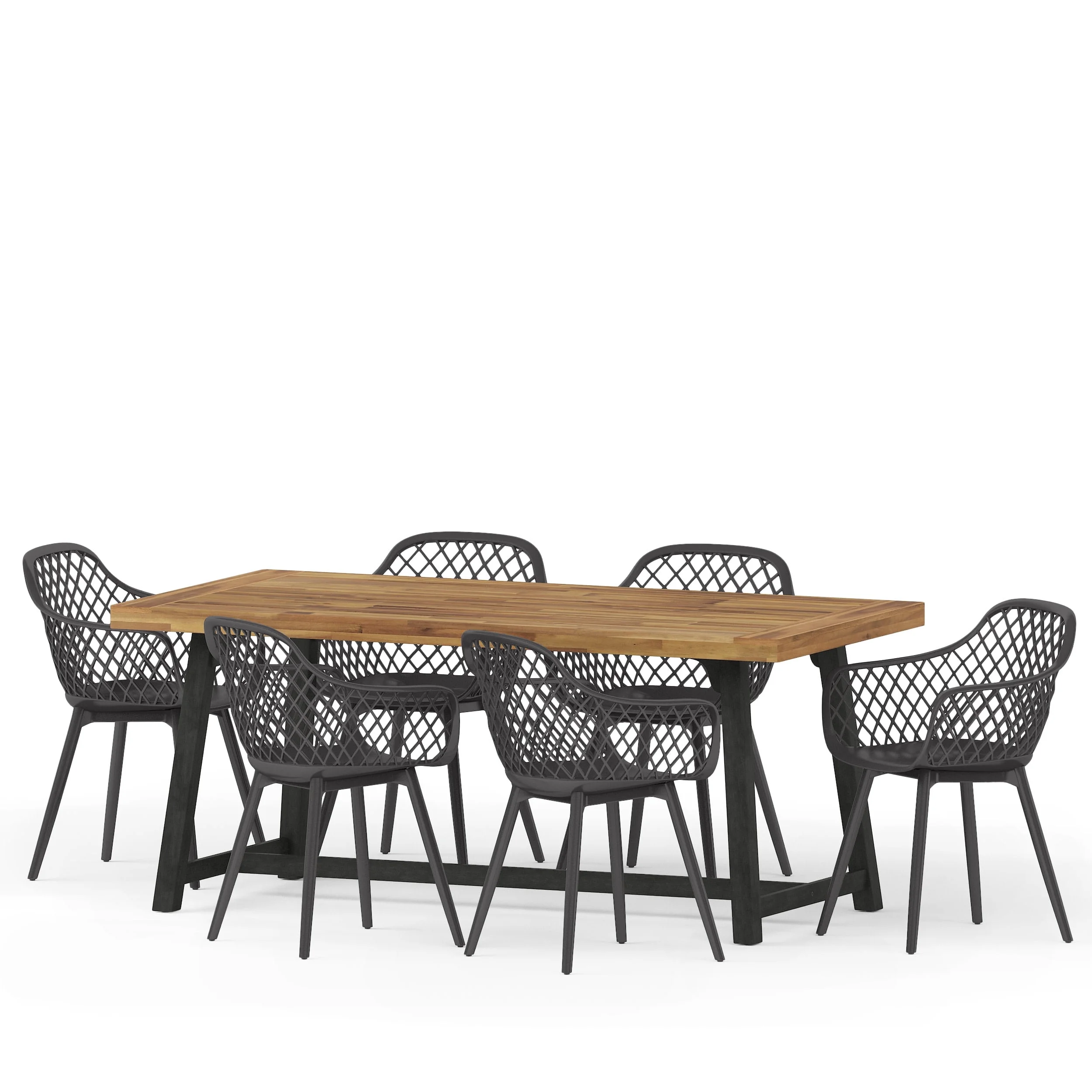 GDF Studio Requeta Outdoor Acacia Wood and Resin 7 Piece Dining Set, Black and Sandblasted Teak