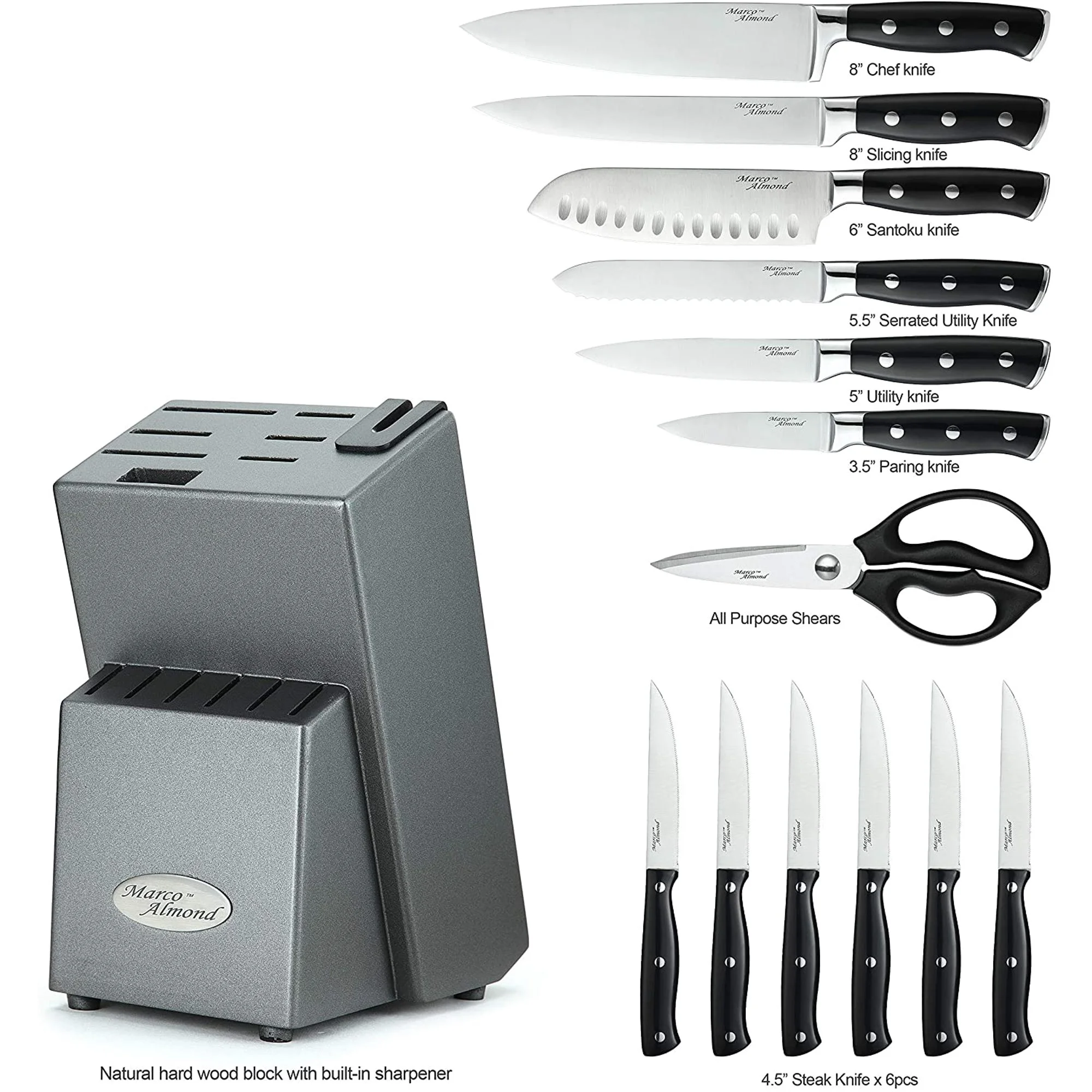 Knife Set with Block, Marco Almond KYA31 14-Piece German Stainless Steel Kitchen Knives Block Set with Built-in Sharpener, Black