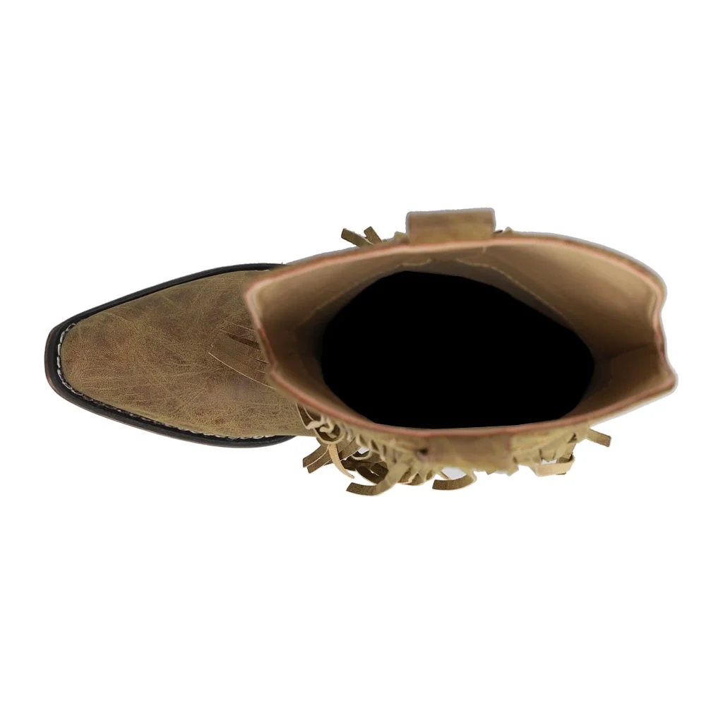 Roper  Womens Rickrack Embroidery Fringe Snip Toe Cowboy  Casual Boots   Mid Calf Low Heel 1-2