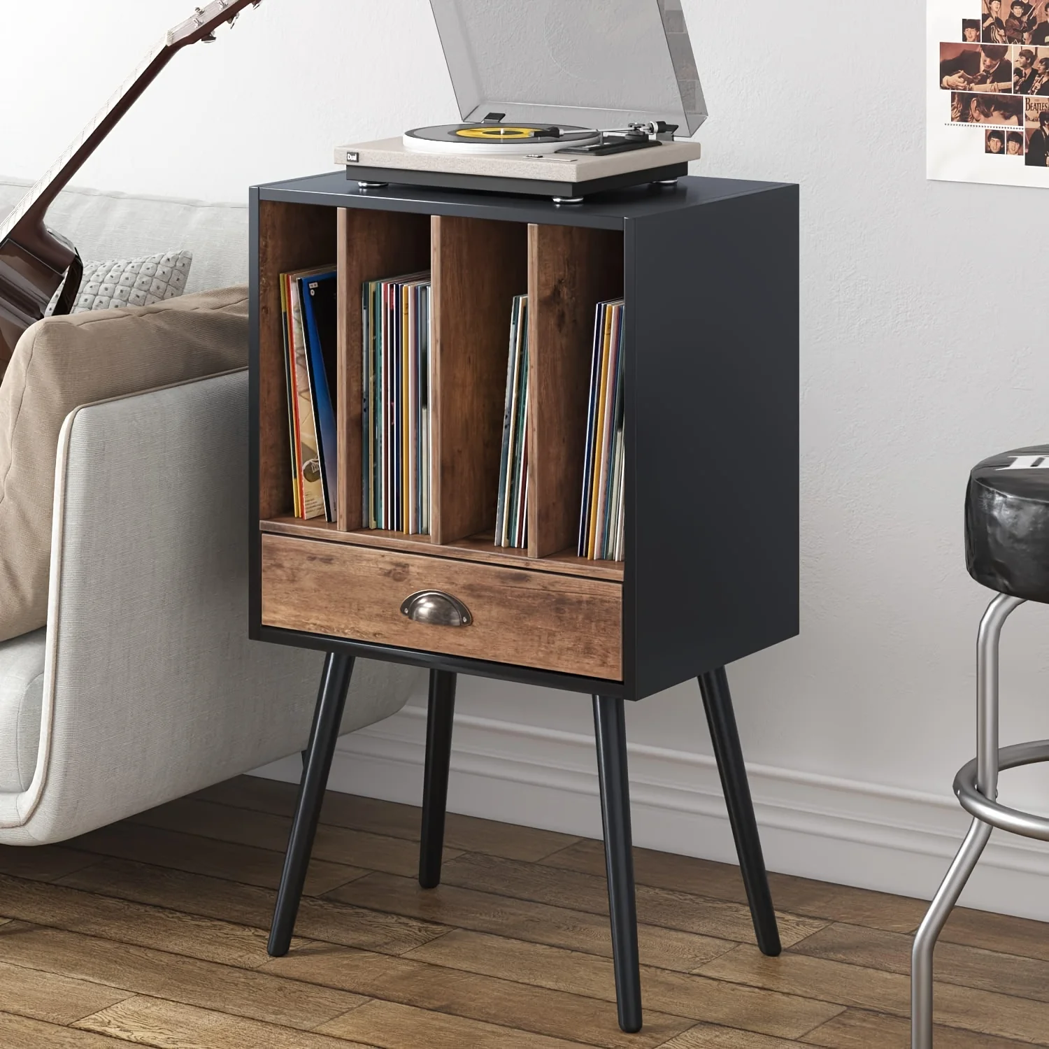 Record Storage with 4 Cabinet and Drawer, Modern Turntable Stand Mid-Century Record Player Table End Table with Wood Legs for Bedroom Living Room, Black