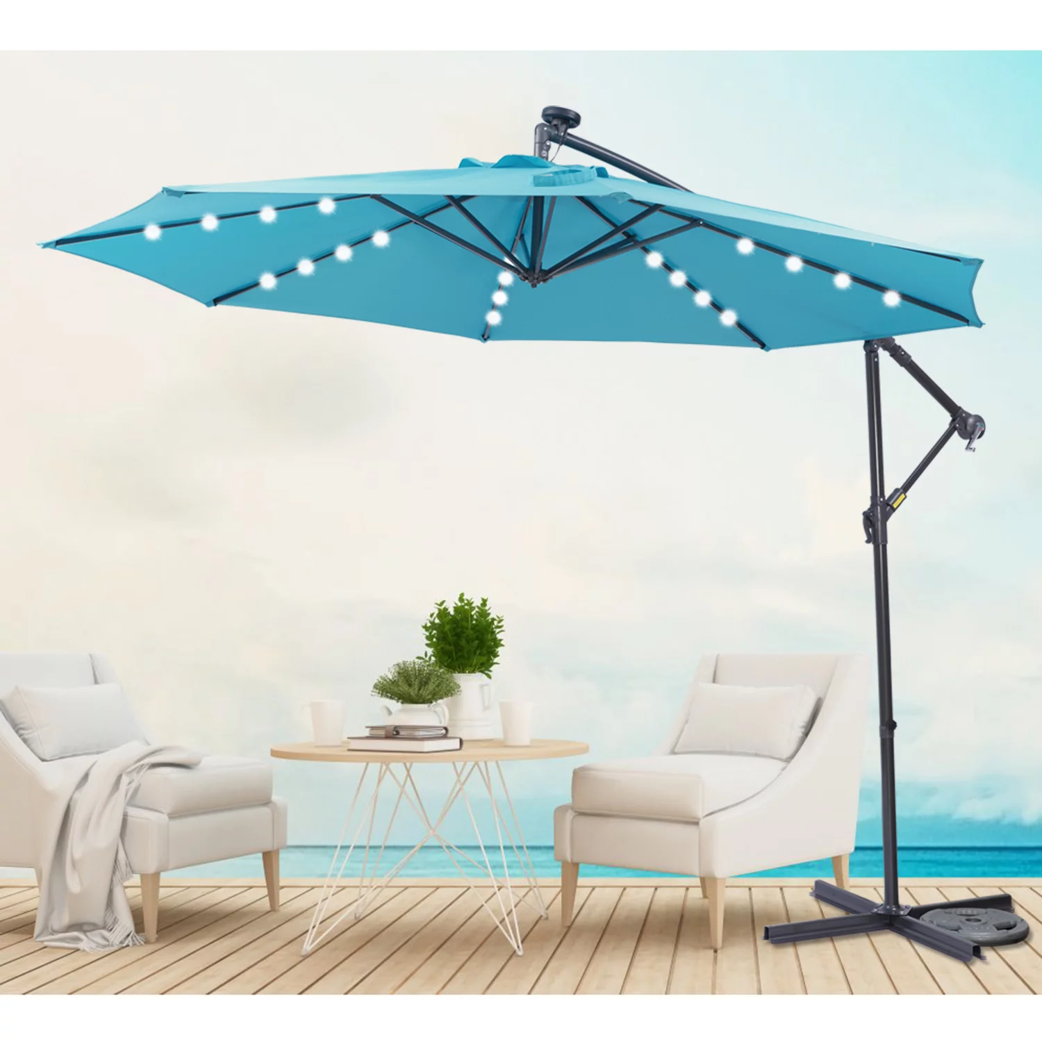 Unique Choice 10 ft Outdoor Patio Offset Cantilever Umbrella with Solar Lights, Blue
