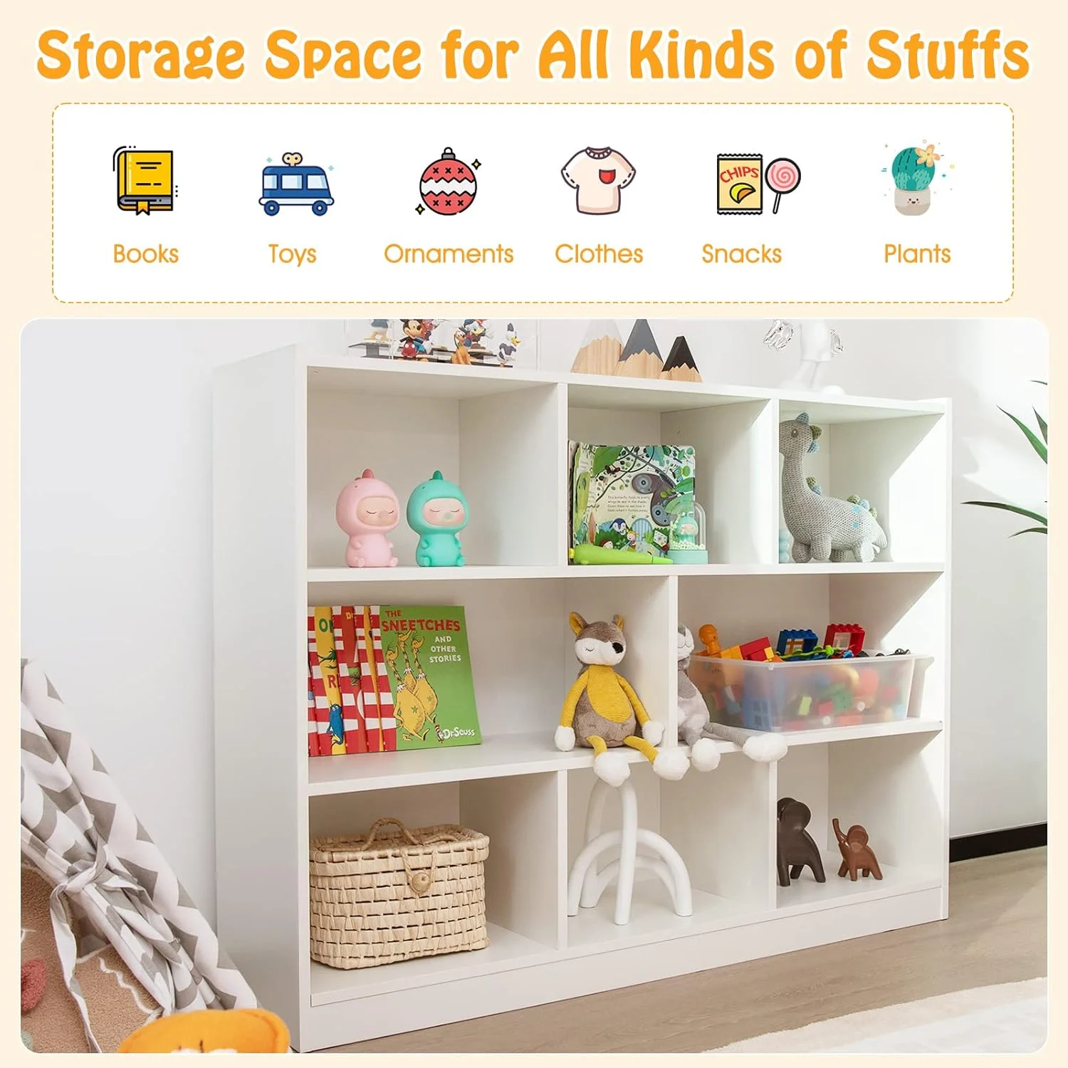Kids Toy Storage Organizer, 8-Section Storage Daycare Shelf for Preschool, Children 3-Tier Open Wooden Display Book Shelf Organizer for Classroom, Playroom & Nursery, Kindergarten(Dark Gray)