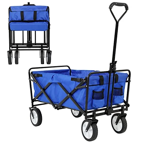 Folding Wagon Cart Portable Collapsible Beach Wagon Cart Outdoor Sports Wagon Camping Wagon Heavy Duty Utility Cart with Adjustable Handle for Grocery, Garden, Beach, Sport, Shop, Camping(Blue)