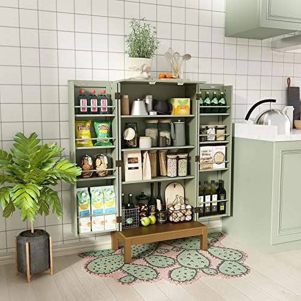 CGFHYP 45'' Kitchen Pantry Cabinet  Cabinet with Doors and Adjustable Shelves Food Pantry Cabinet for Kitchen Dining Room Living Room and Garage Gold Lines and Legs Green Cabinet.
