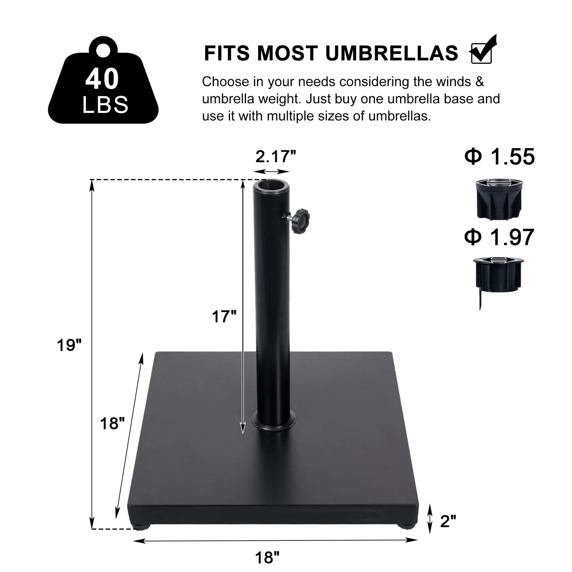 Square Outdoor Patio Umbrella Stand 40 lbs Heavy Duty Iron Square Umbrella Base Black