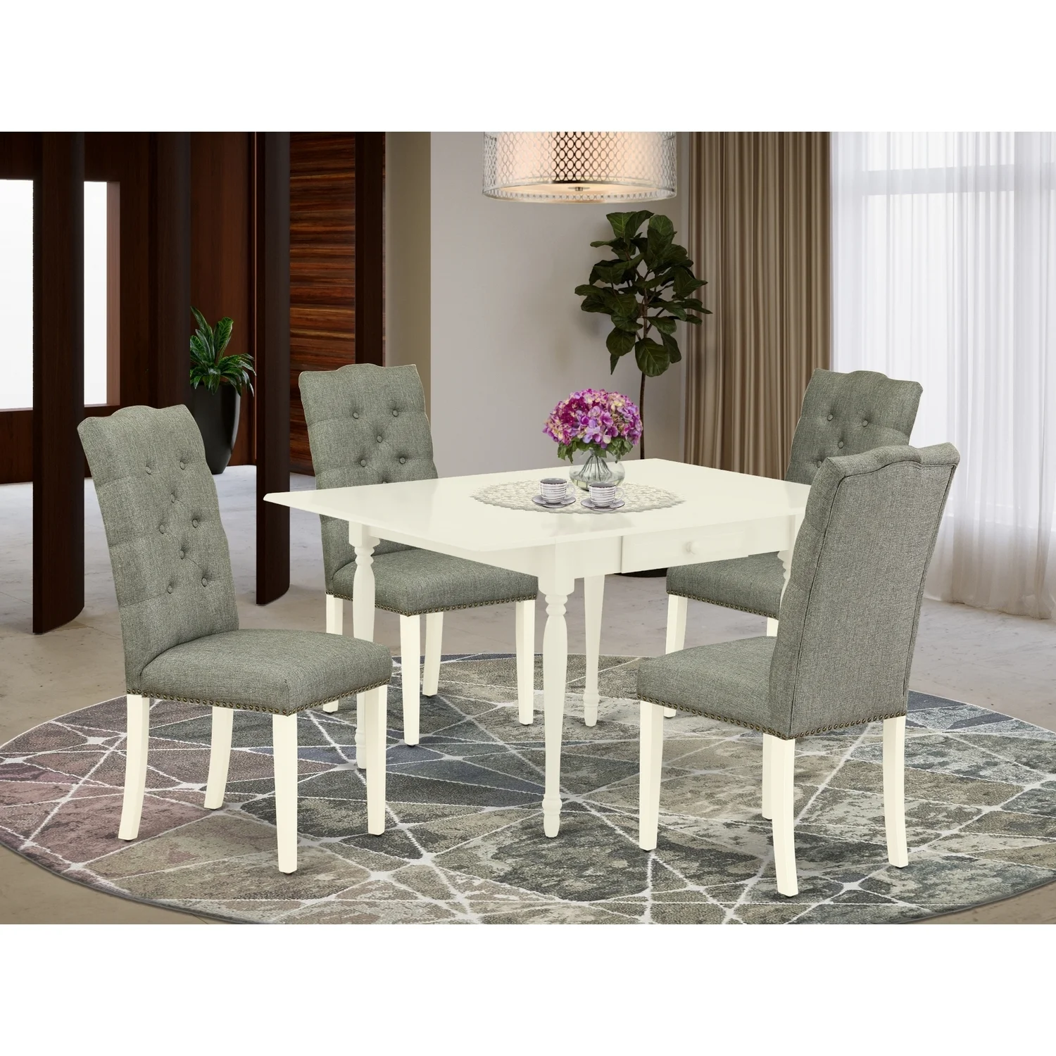 HomeStock Mountain Majesty 5-Pc Kitchen Dining Table Set- 4 Dining Chairs And 2-Drops Leaf Dinette Table Hardwood Frame - High Back & Linen White Finish