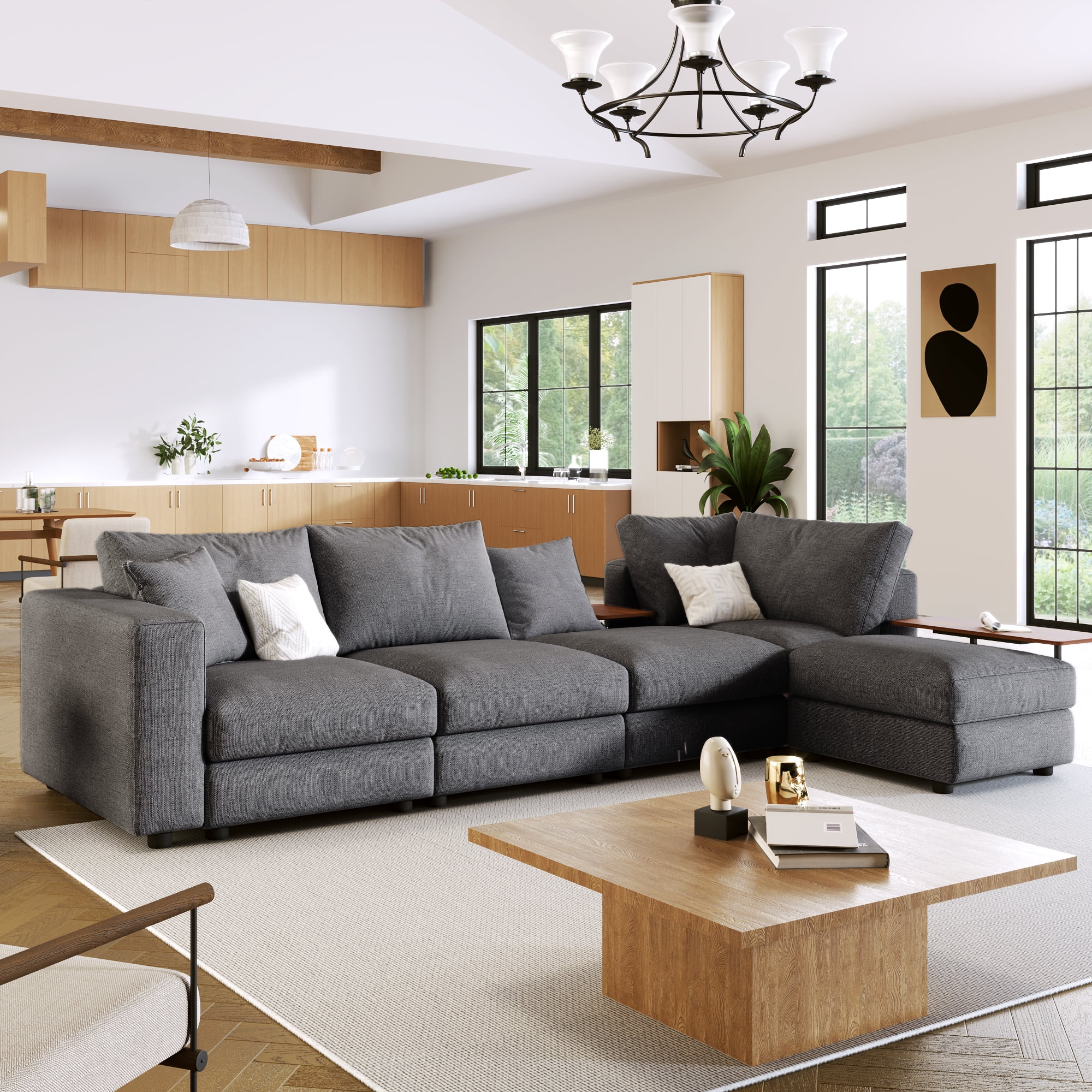U_STYLE Modern Large L-Shape Sectional Sofa: Includes 2 Pillows & 2 End Tables for Living Room Elegance