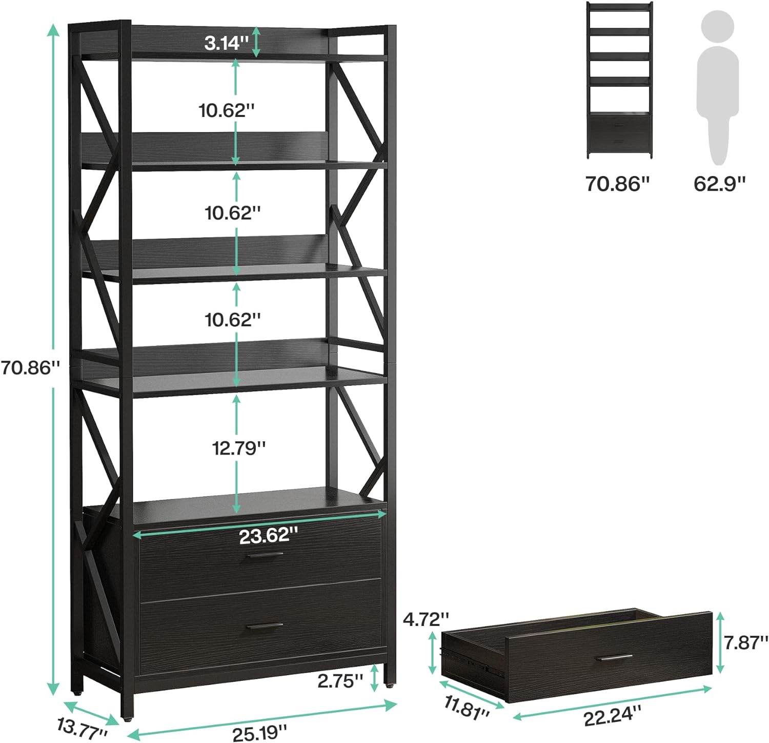 Tribesigns Bookshelf with Drawers, 70.8