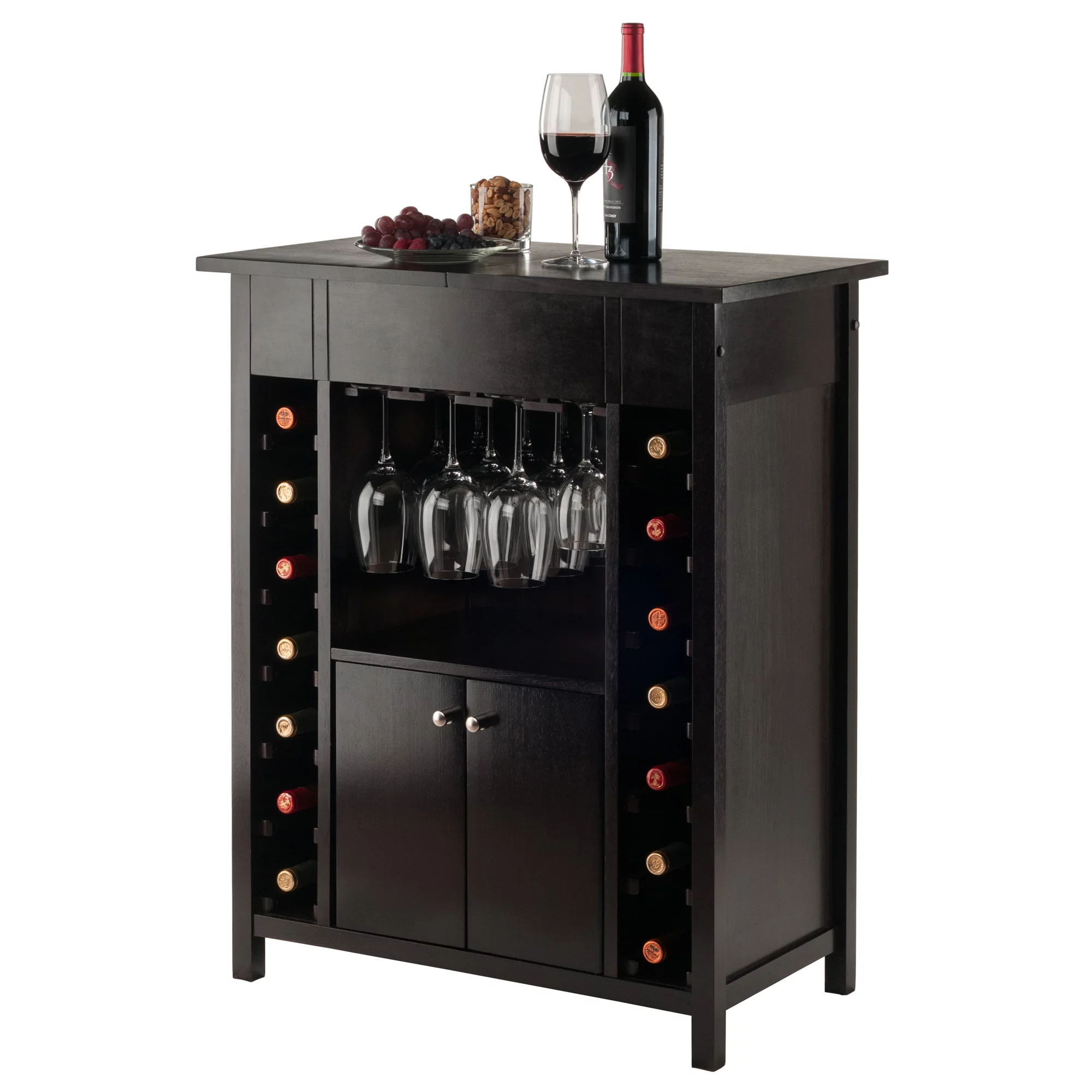 Winsome Yukon Transitional Solid Wood Home Bar Cabinet in Espresso