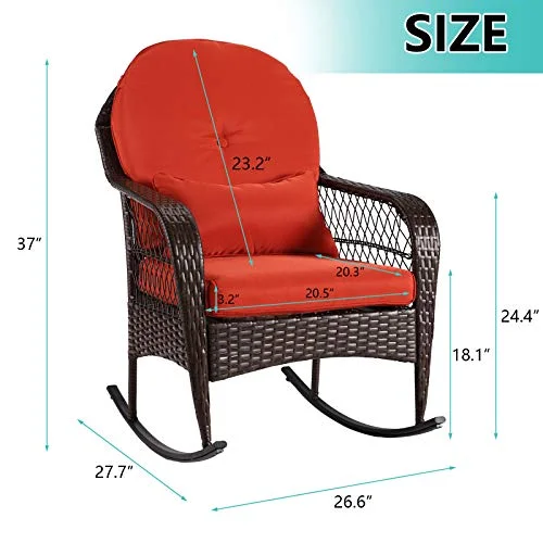B Outdoor Wicker Rocking Chair All Weather Wicker Rocker Chair with Cushions for Garden Patio Yard Porch Lawn Balcony Backyard (1PCS-Brown Wicker-Orange)
