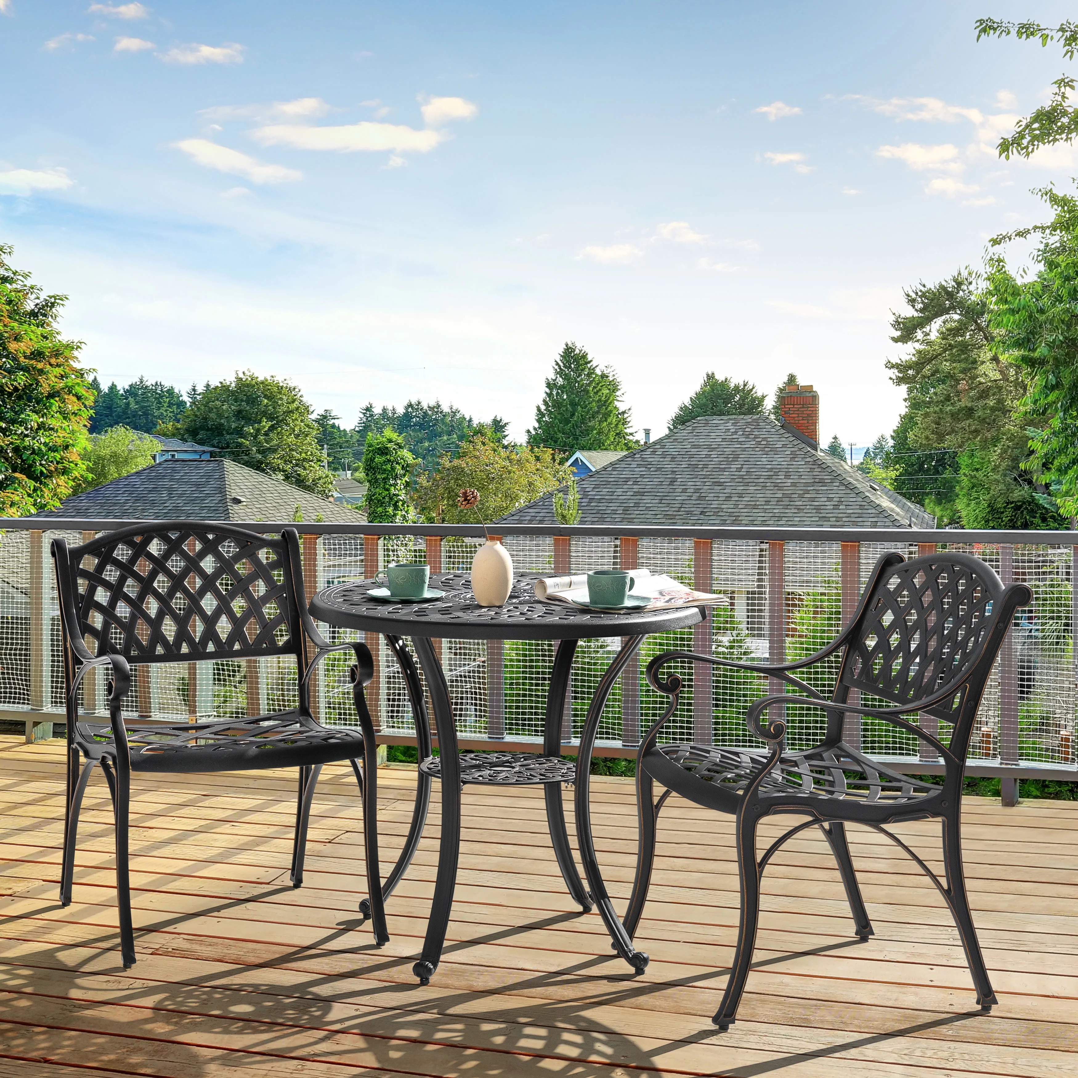 Nuu Garden 3 Piece Aluminum Patio Bistro Set with Umbrella Hole, All-Weather Rust-Resistant Outdoor Patio Bistro Furniture Set,Black