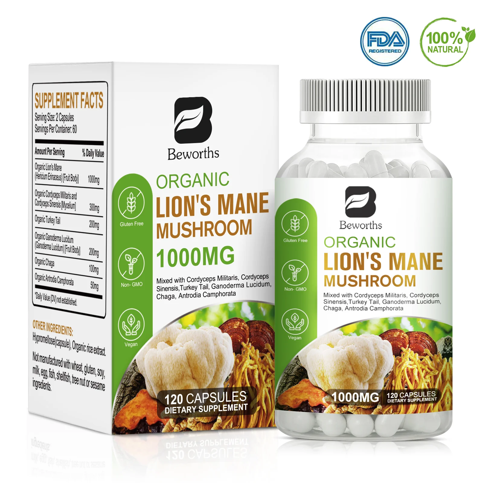 Beworths Organic Lion's Mane Mushroom Supplement - with Lion's Mane Cordyceps - Supports Brain Health, Focus, Memory - 120 Tablet