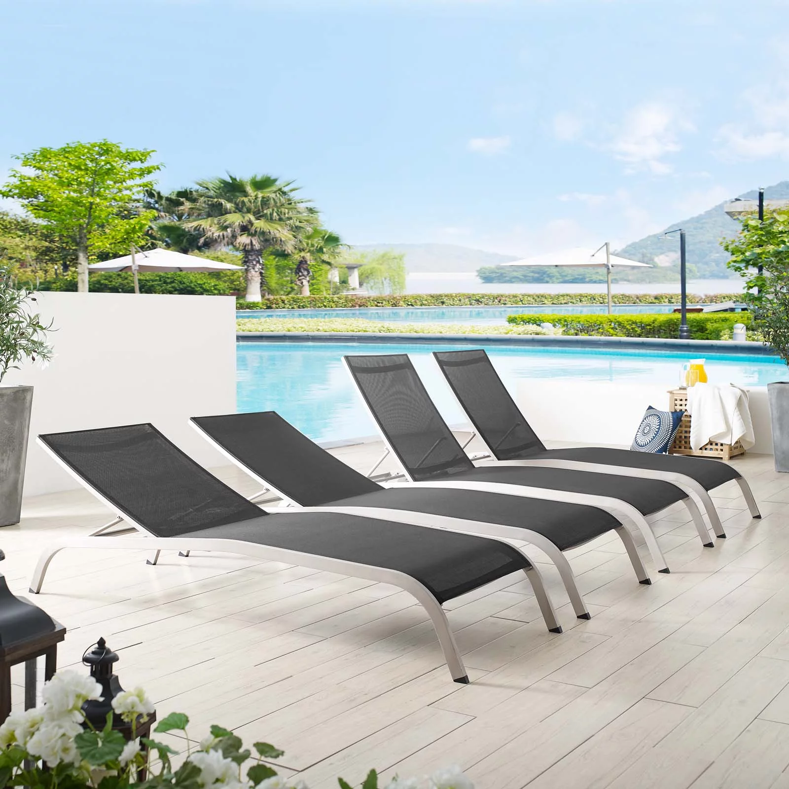 Lounge Chair Chaise, Set of 4, Aluminum, Metal, Steel, Black, Modern Contemporary Urban Design, Outdoor Patio Balcony Cafe Bistro Garden Furniture Hotel Hospitality