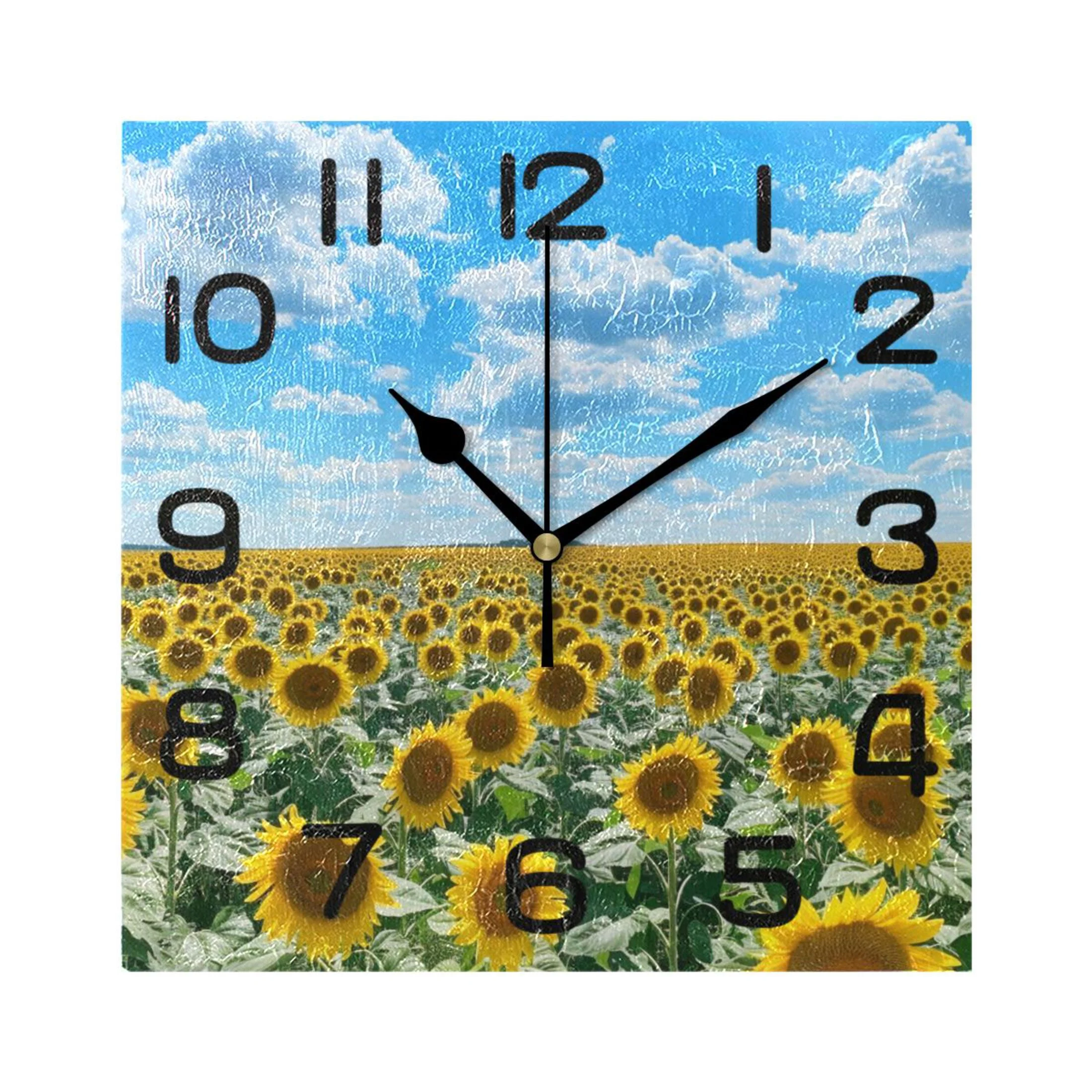 Wall Clock Square Silent Non-Ticking Sunflower and Blue Sky Retro Battery Operated Clock 7.78 inch Home Kitchen Office Decoration