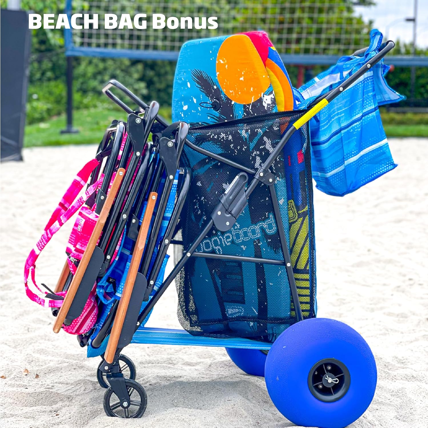 Beach Cart Heavy Duty Folding Ocean Utility Wagon Large Sand Wheels Holds 4 Folding Chairs Storage Pouch Umbrella Holder - Basic Solid Blue