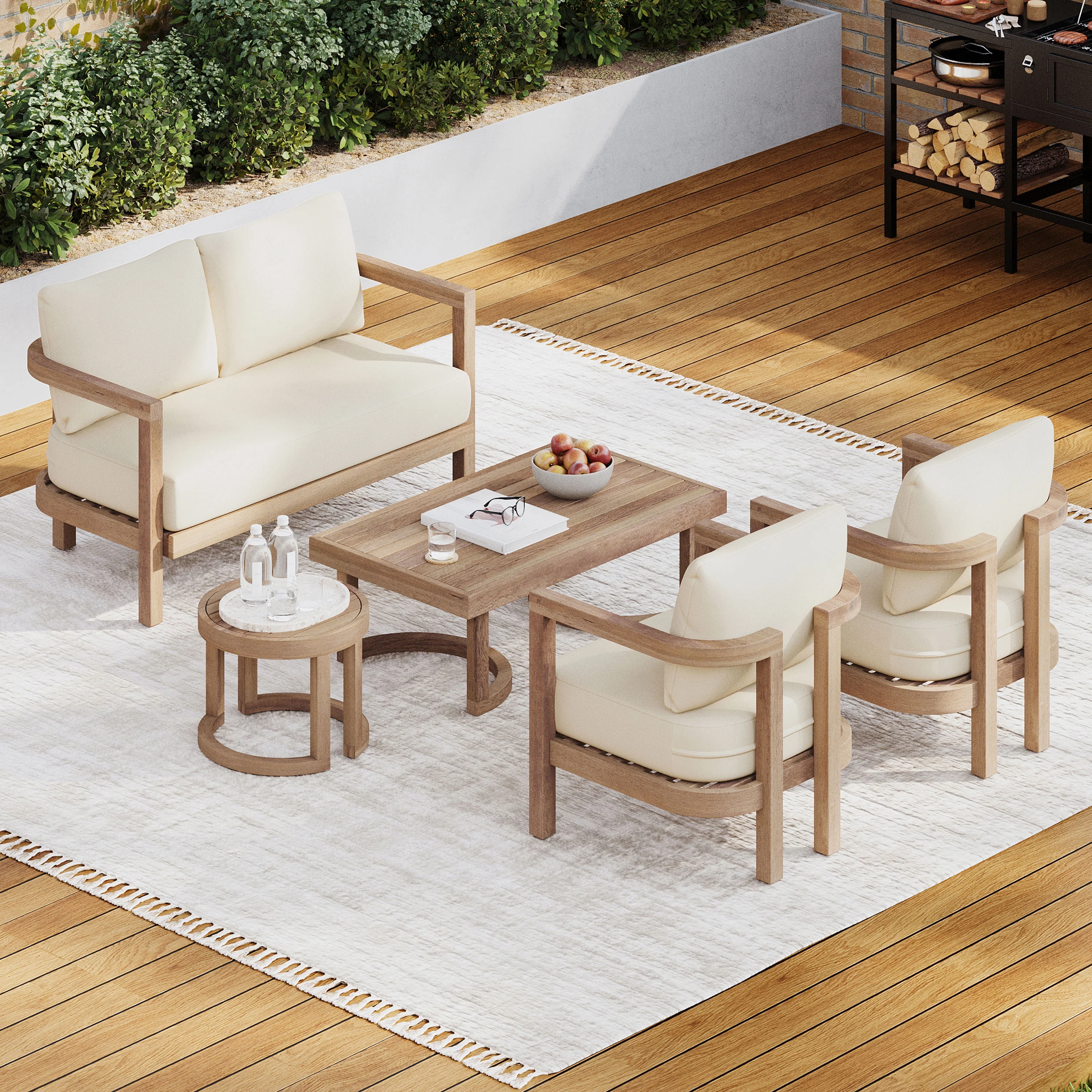 GDF Studio Aston Outdoor Acacia Wood 5-Piece Chat Set with Cushions, Beige and Brown