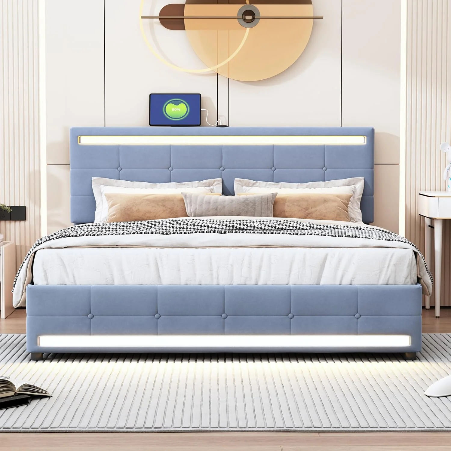YILAN Queen Bed Frame with 4 Drawers, Thick Velvet Headboard with LED Light, Type C & USB Ports, Upholstered Platform Bed Queen Size w/Wood Slat Support Mattress Foundation, No Box Spring Needed