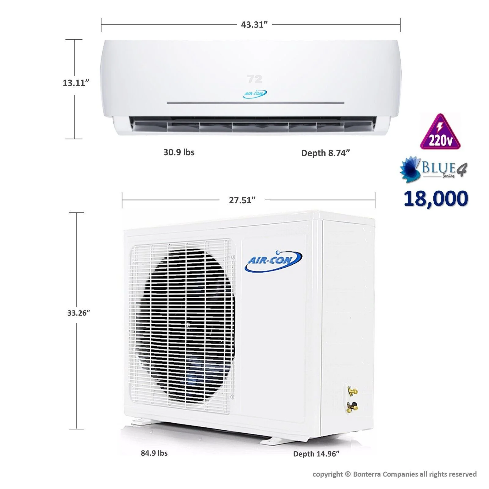 Air-Con 18000 BTU Blue 4 Mini Split AC Heat Pump Ductless 22 Seer 220v
