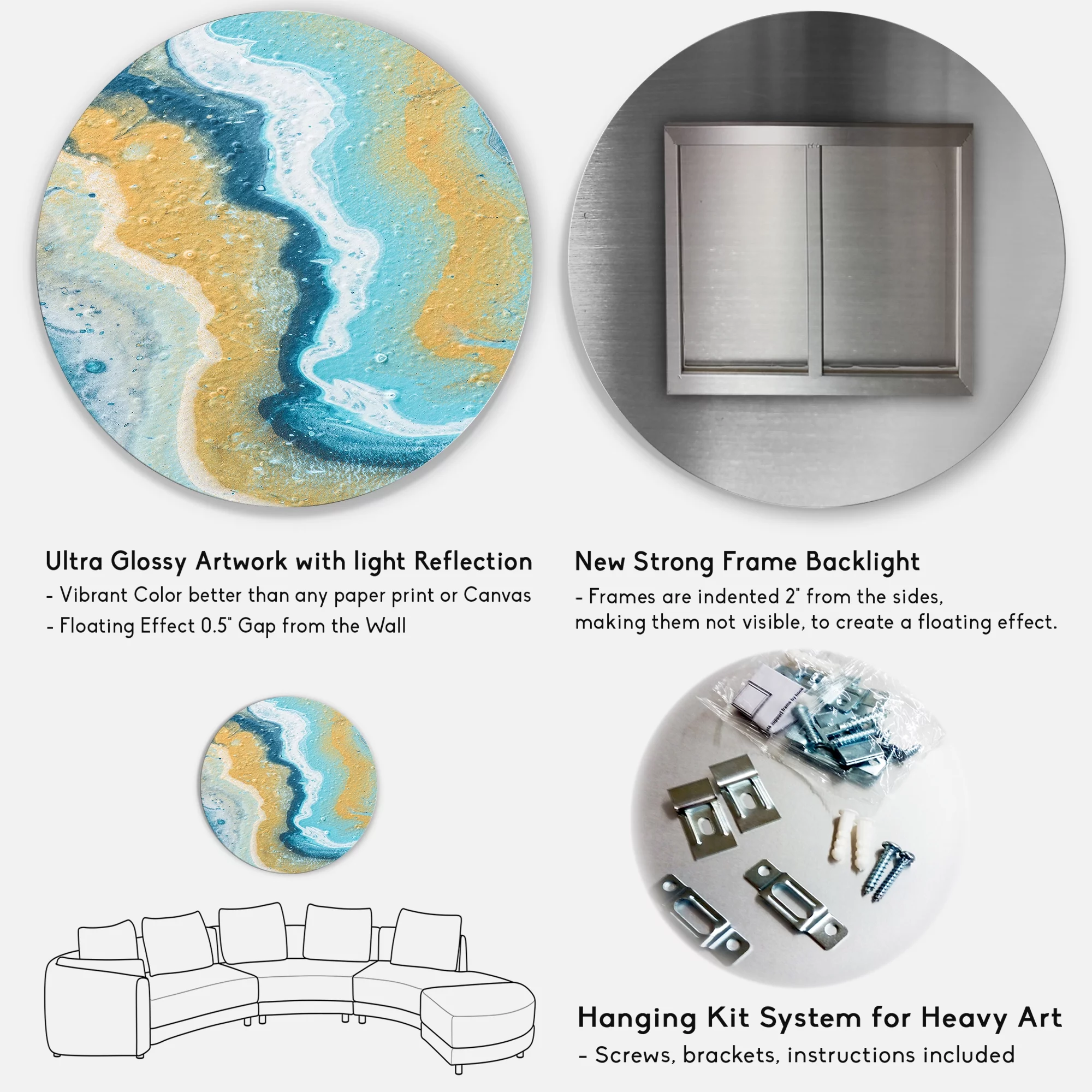 Designart 'Abstract Marble Composition In Blue and Yellow III' Modern Circle Metal Wall Art 36x36 - Disc of 36