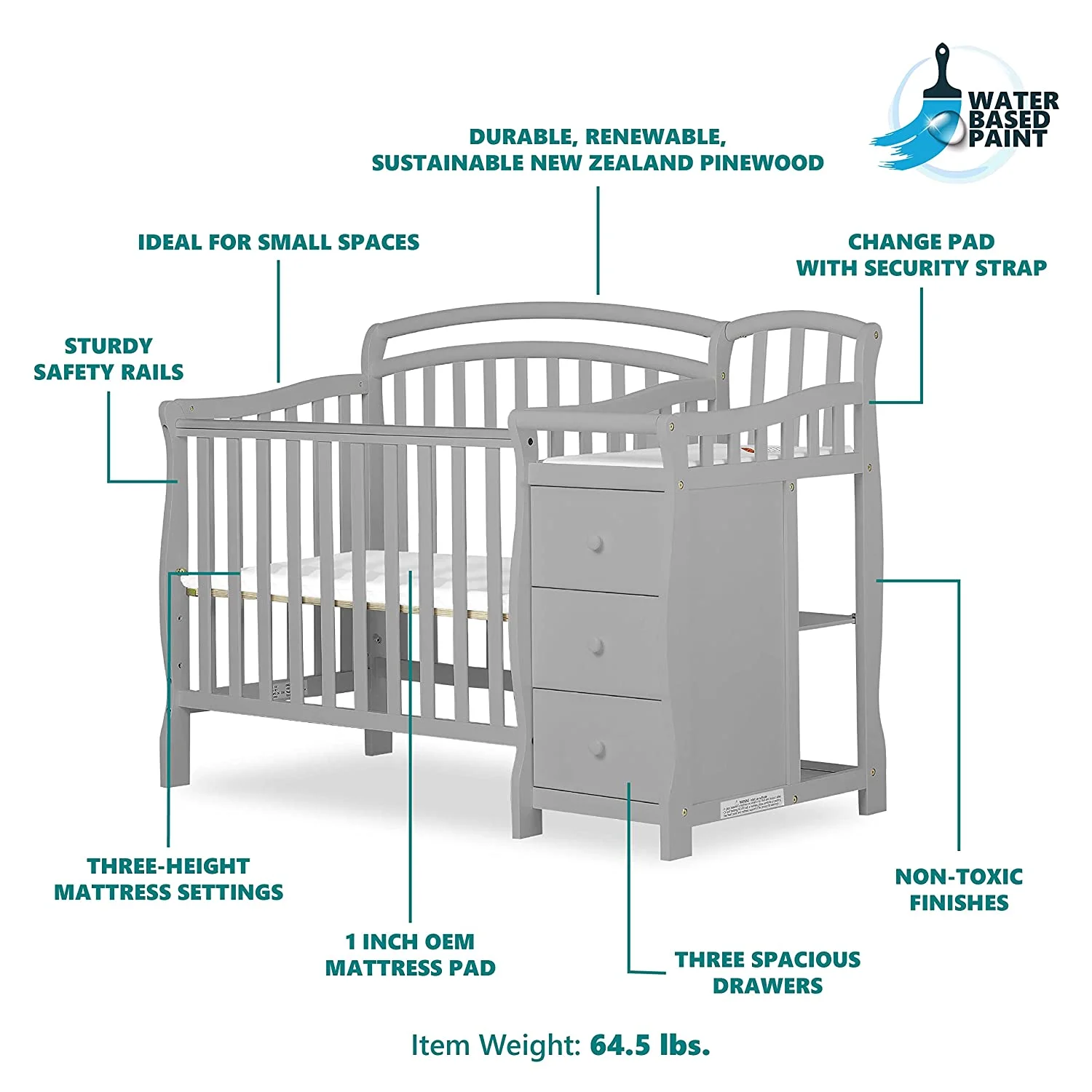 Casco 3-in-1 Mini Crib and Changing Table in Pebble Grey, Convertible Crib, Made of Pinewood, Three Position Adjustable Mattress Height Settings