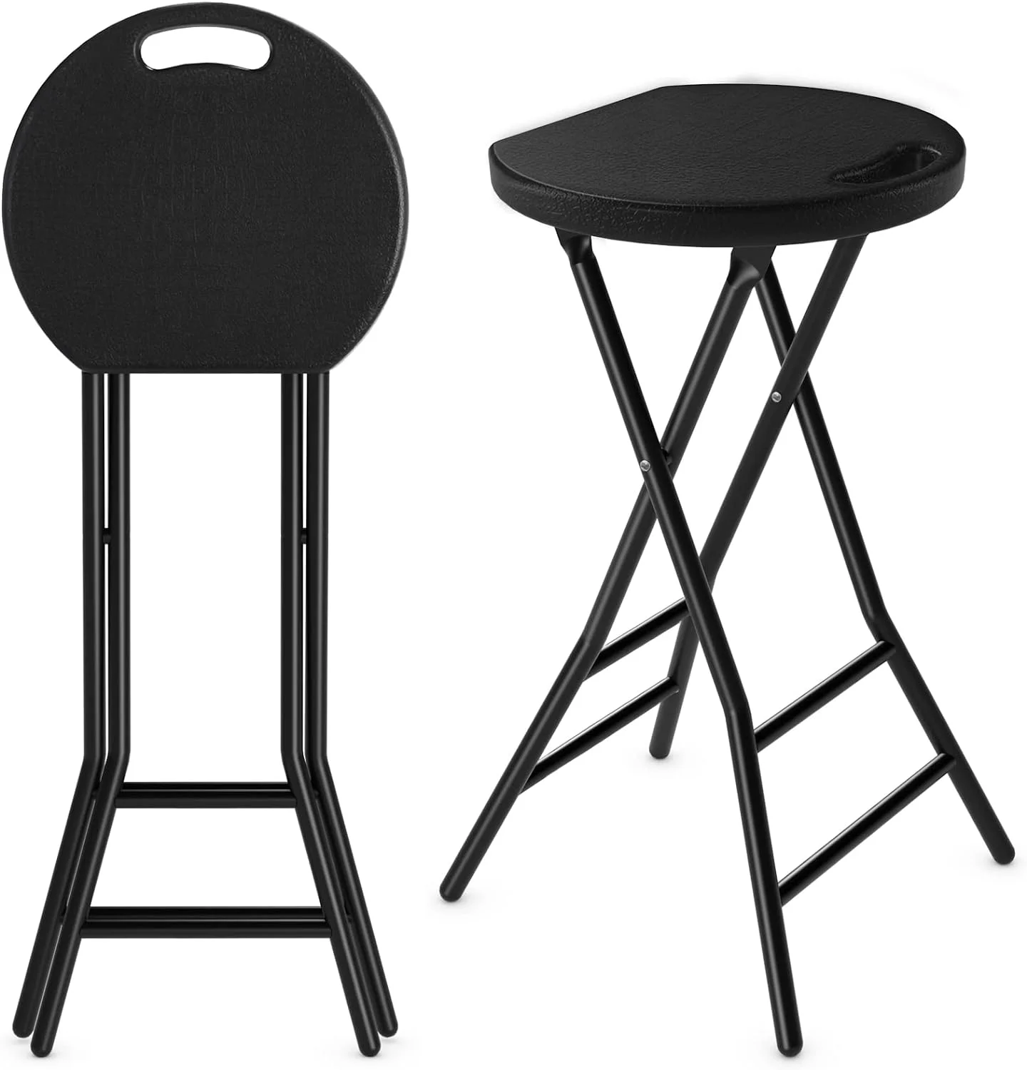 Folding Stool,2 Pack 24 inch Tall Folding Bar Stool with Handle, Metal and Plastic Foldable Stool for Adults with Steel Frame Legs, 300lbs Capacity, Black