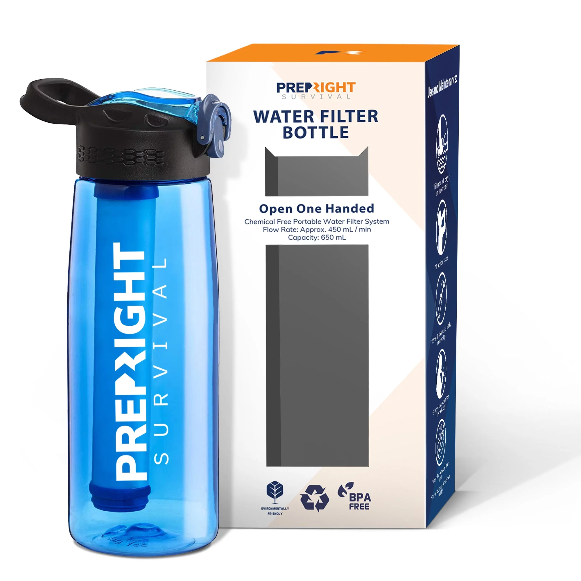 Prep-Right Survival, Water Filter Bottle with a 4 Stage Water Filtration System, 22 oz, Blue