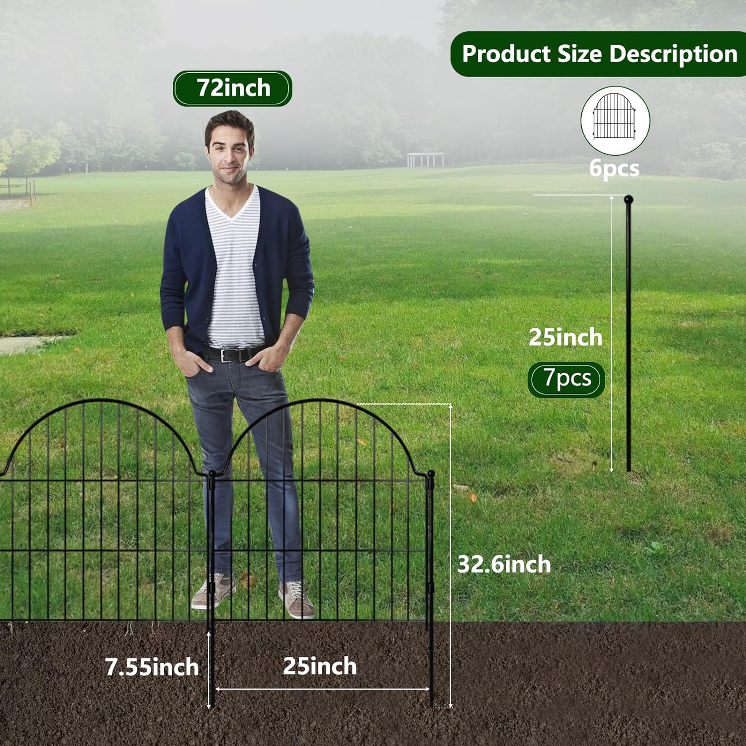 Decorative Metal Garden Fence 6 Panels, 32in (H) x 12.2ft (L) No Dig Outdoor Dog Fence Panels, Easy Install Temporary Fencing for Yard, Rustproof Wire Garden Border