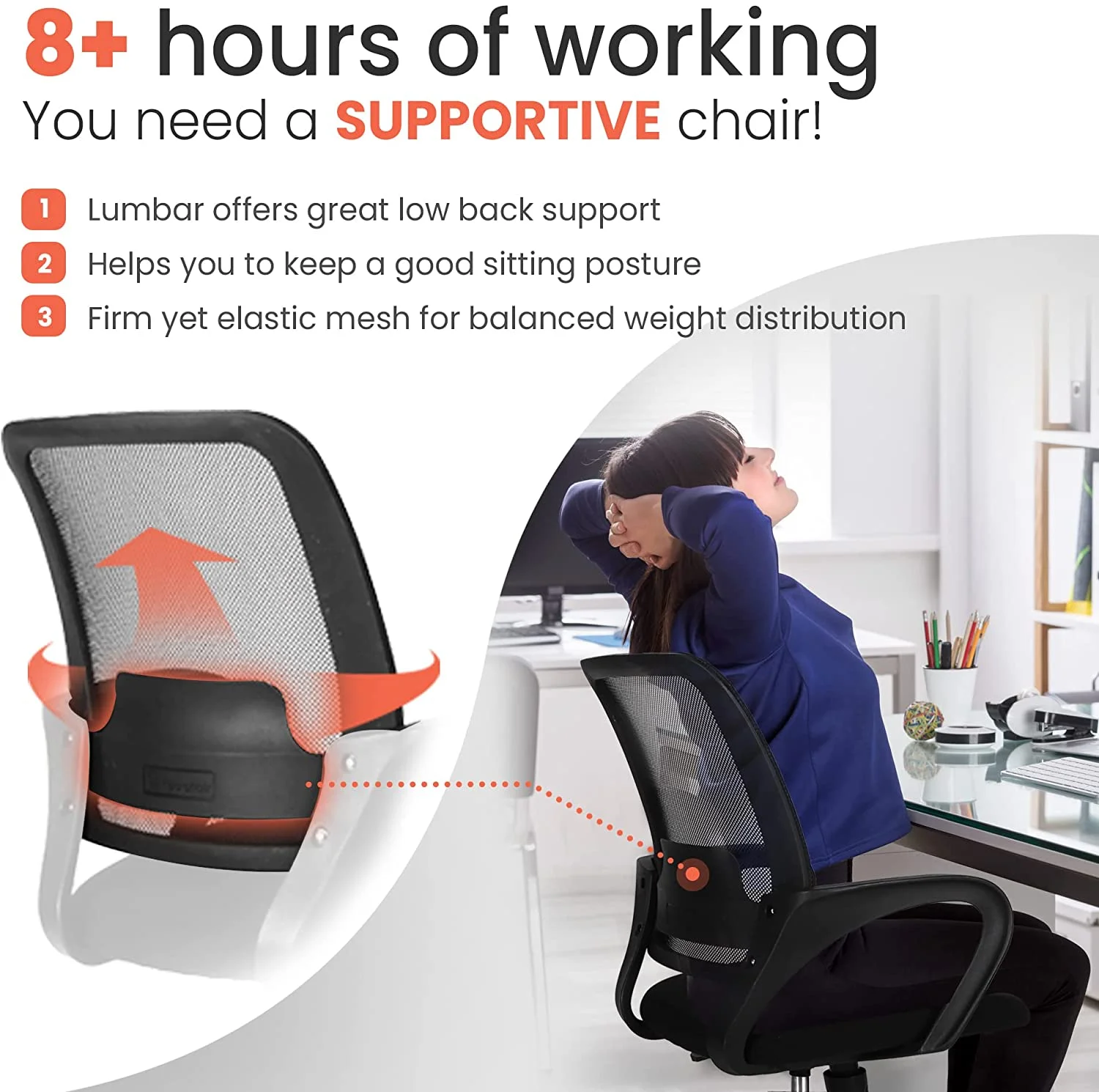 Office Chair Ergonomic Mesh Computer Chair Lumbar Support Modern Executive Adjustable Rolling Swivel Chair for Desk Home Office