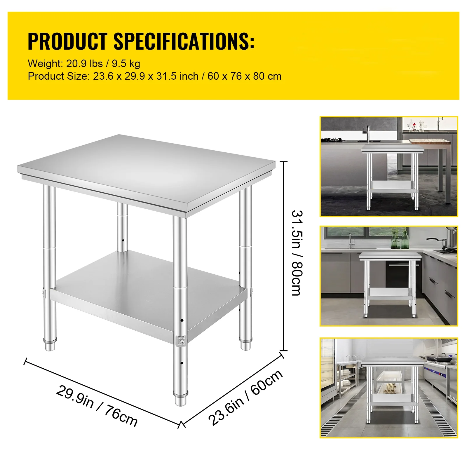 SKYSHALO Commercial Worktable & Workstation Stainless Steel Work Table Heavy Duty Commercial Food Prep Work Table for Home, Kitchen, 24 x 30 x 32 inch Restaurant Metal Prep Table with Adjustable Feet