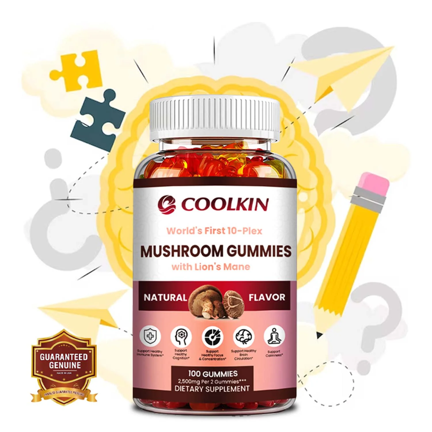 Coolkin Mushroom Gummies - with Lion's Mane - Boosts The Brain, Improves Memory (30/60/100pcs)