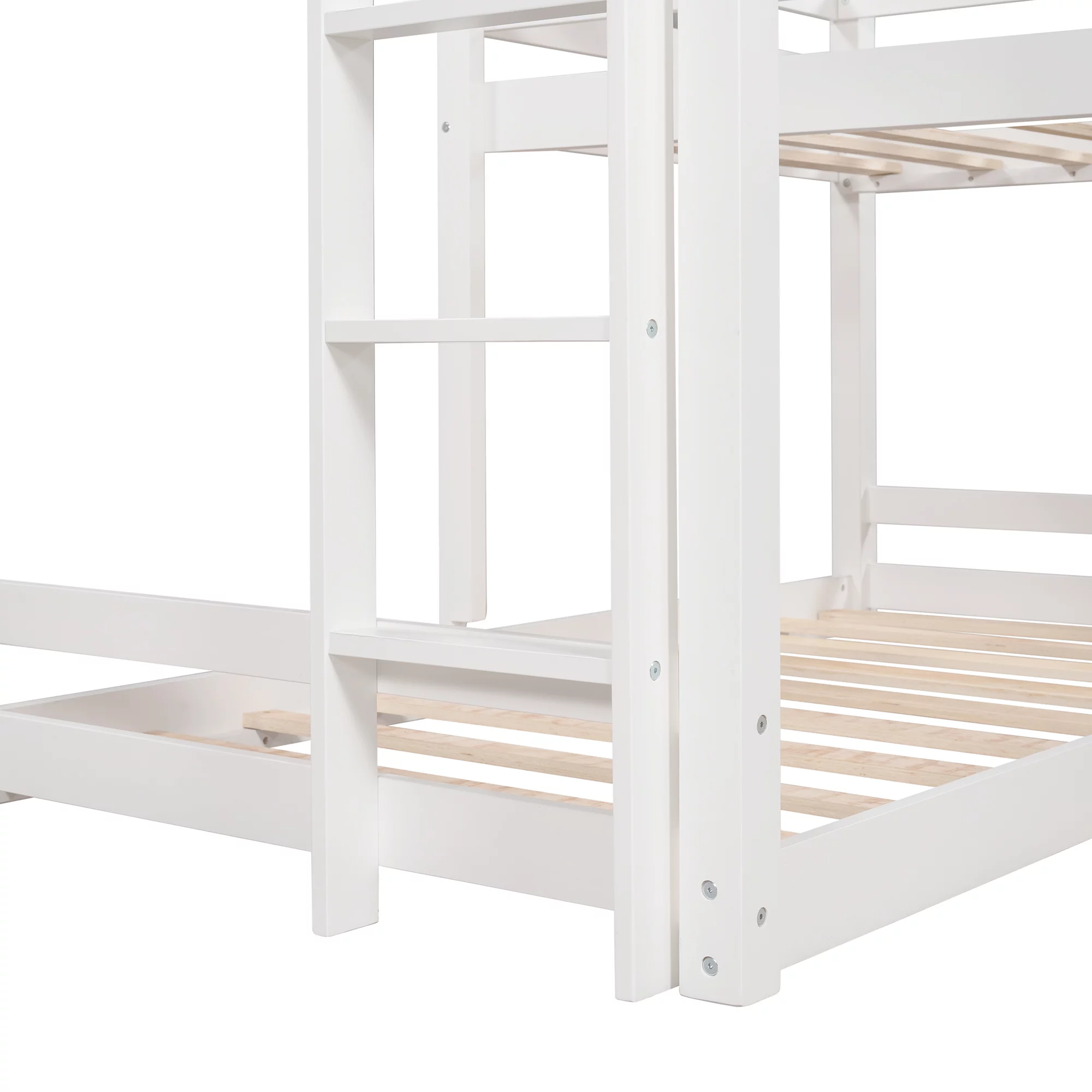 Euroco L-Shaped Twin Over Twin Over Twin Bunk Bed, Triple Bed with Slide & 2 Ladders, White