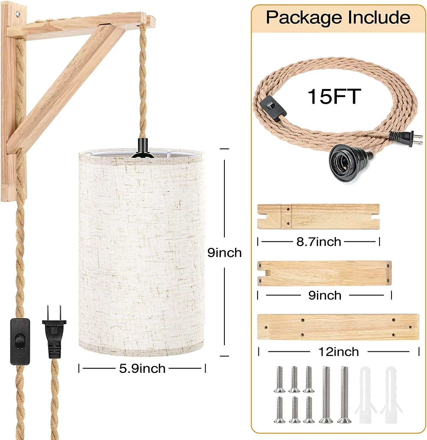 Hemp Rope Wall Lights with Plug in Cord, Farmhouse DIY Pendant Lighting/Wall Sconces, Plug in Wall Sconces Set of Two, Wall Lamps with Linen Shade Wood Shelf Brackets (Bulbs NOT Included)