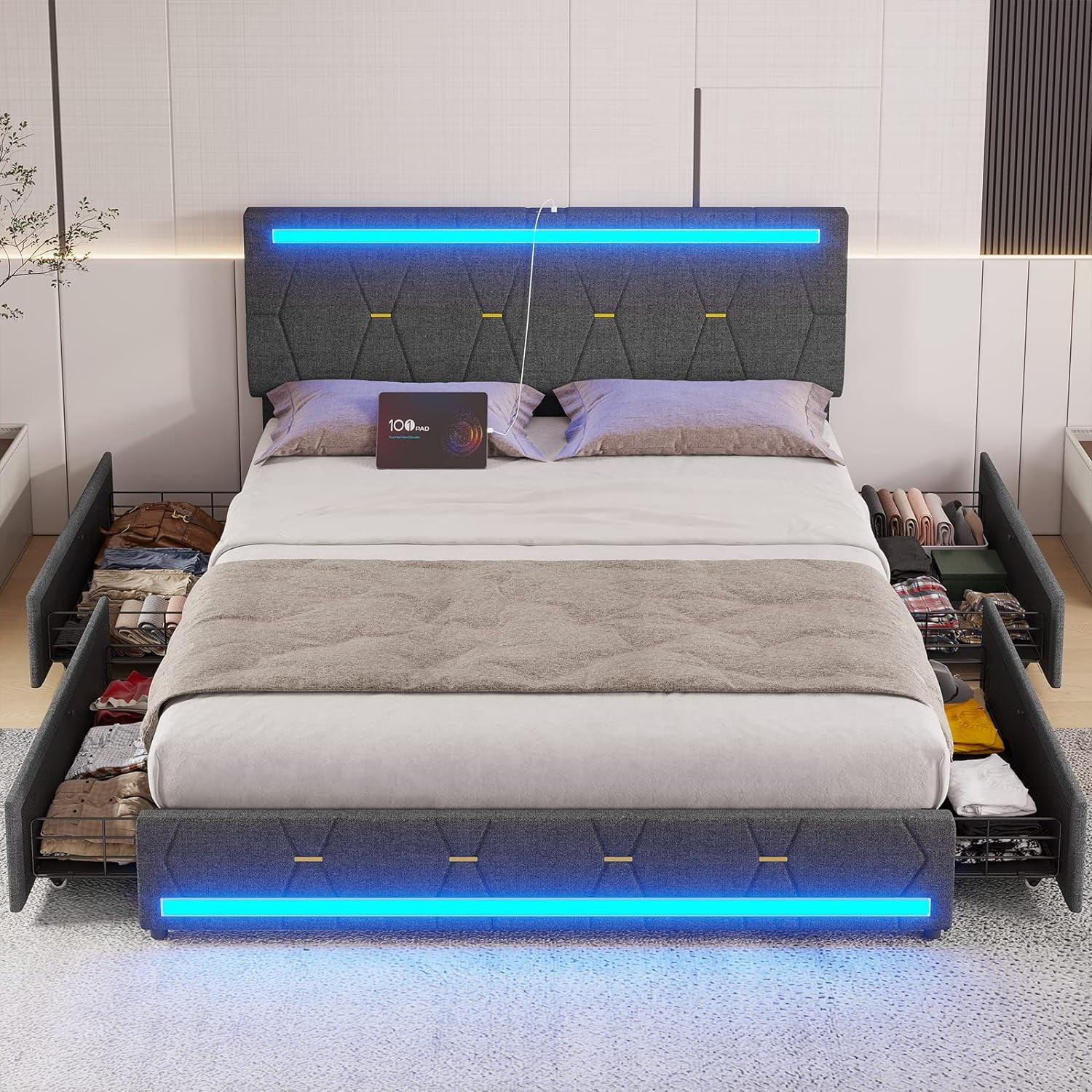 Queen Size Bed Frame with LED Headboard, Upholstered Platform Bed Frame with 4 Drawers and 2 USB Charging Station, Dark Grey