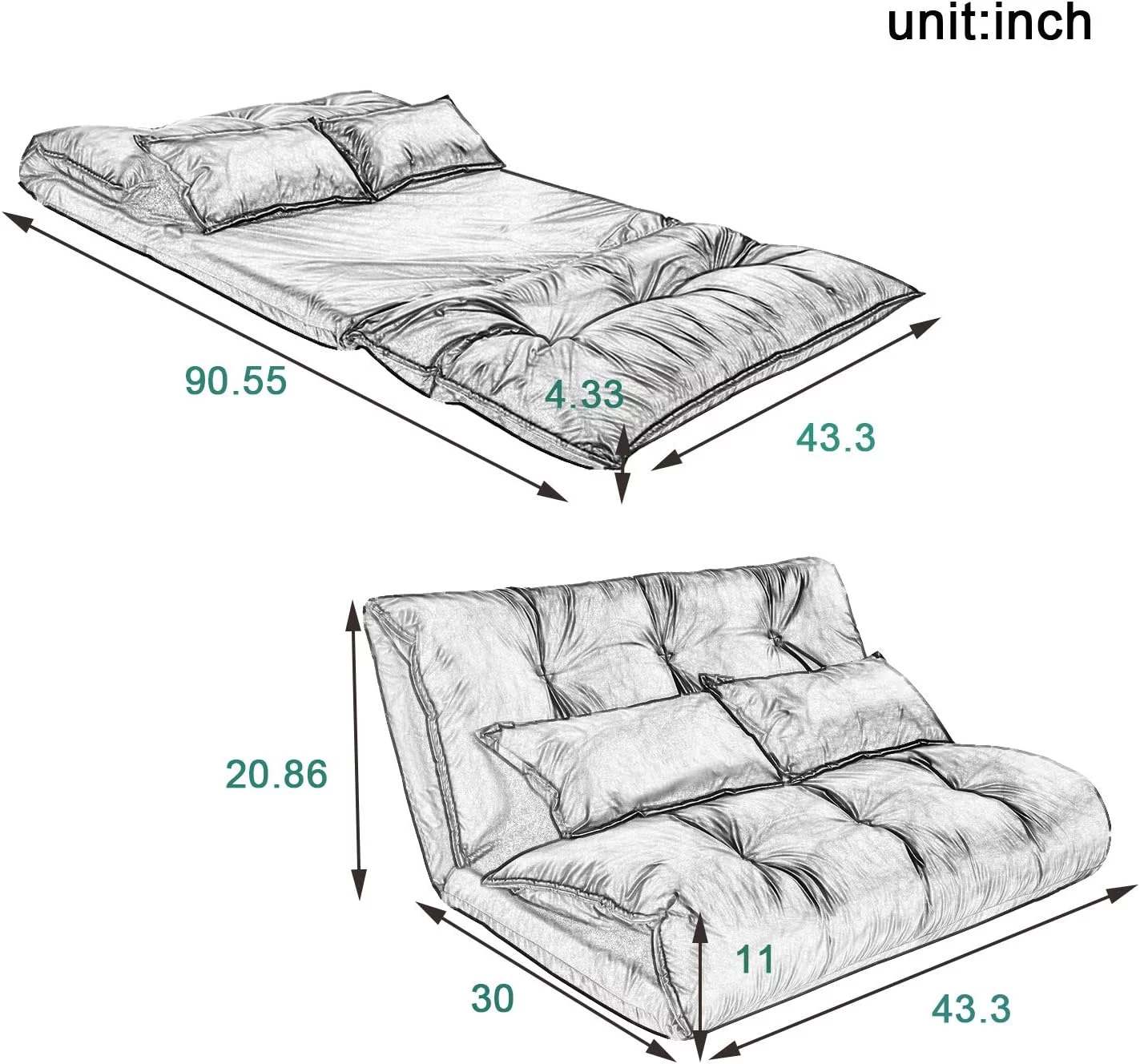 Adjustable Folding Lazy Sofa PU Leather Video Game Chair Futon Bed 2 Pillows 176lbs Capacity