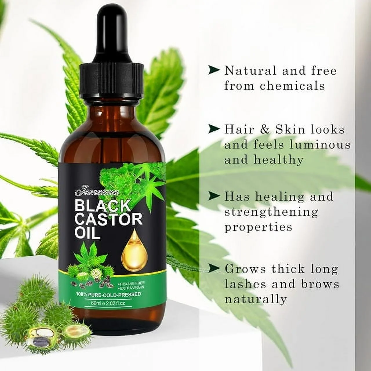 Jamaican Black Castor Oil for Hair Growth 60ml(2.02 fl.oz) Natural Moisturizer for Face, Body & Nails, Carrier Oil for Essential Oils and DIY Beauty - 5pack