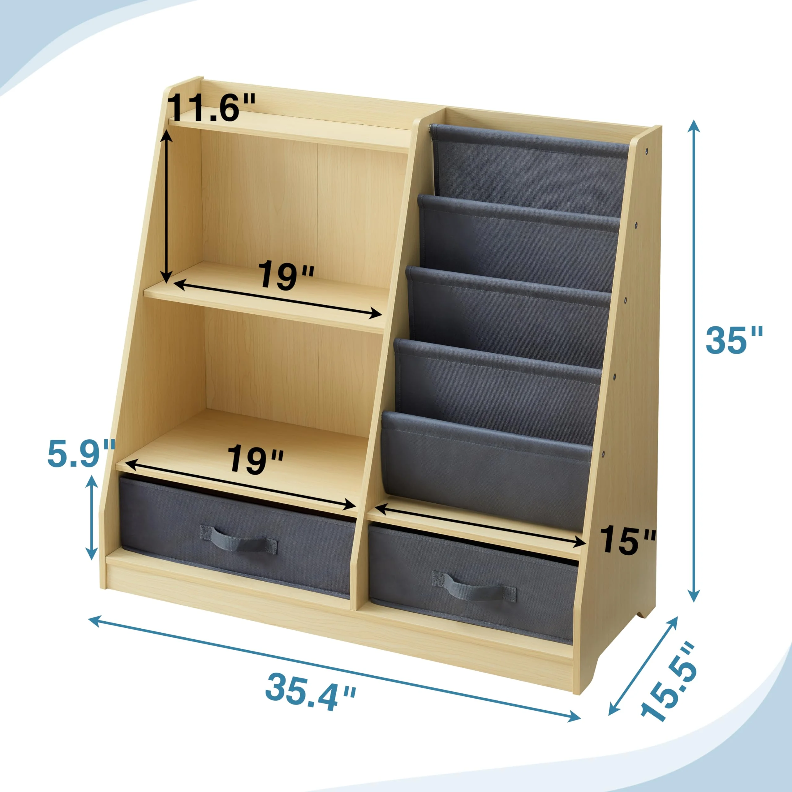 Kids Bookshelf with Storage Drawers and Layer Sling Bookcase, 4 Tier Toddlers Book and Toy Organizer and Dispaly Cabinet for Playroom, Kids Room, Classroom, Nursery