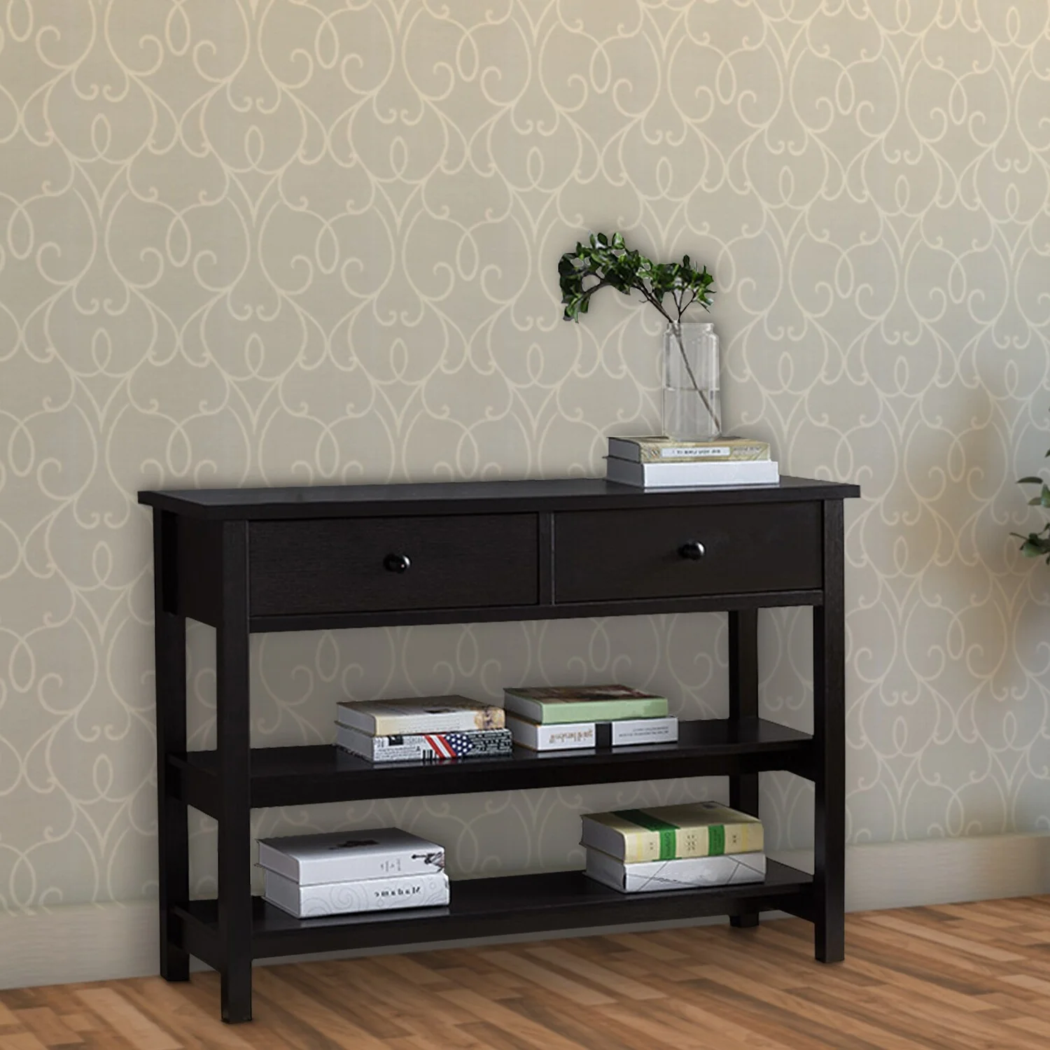 Benjara Two Drawer Console Table with Two Open Shelves and Block Legs, Dark Brown